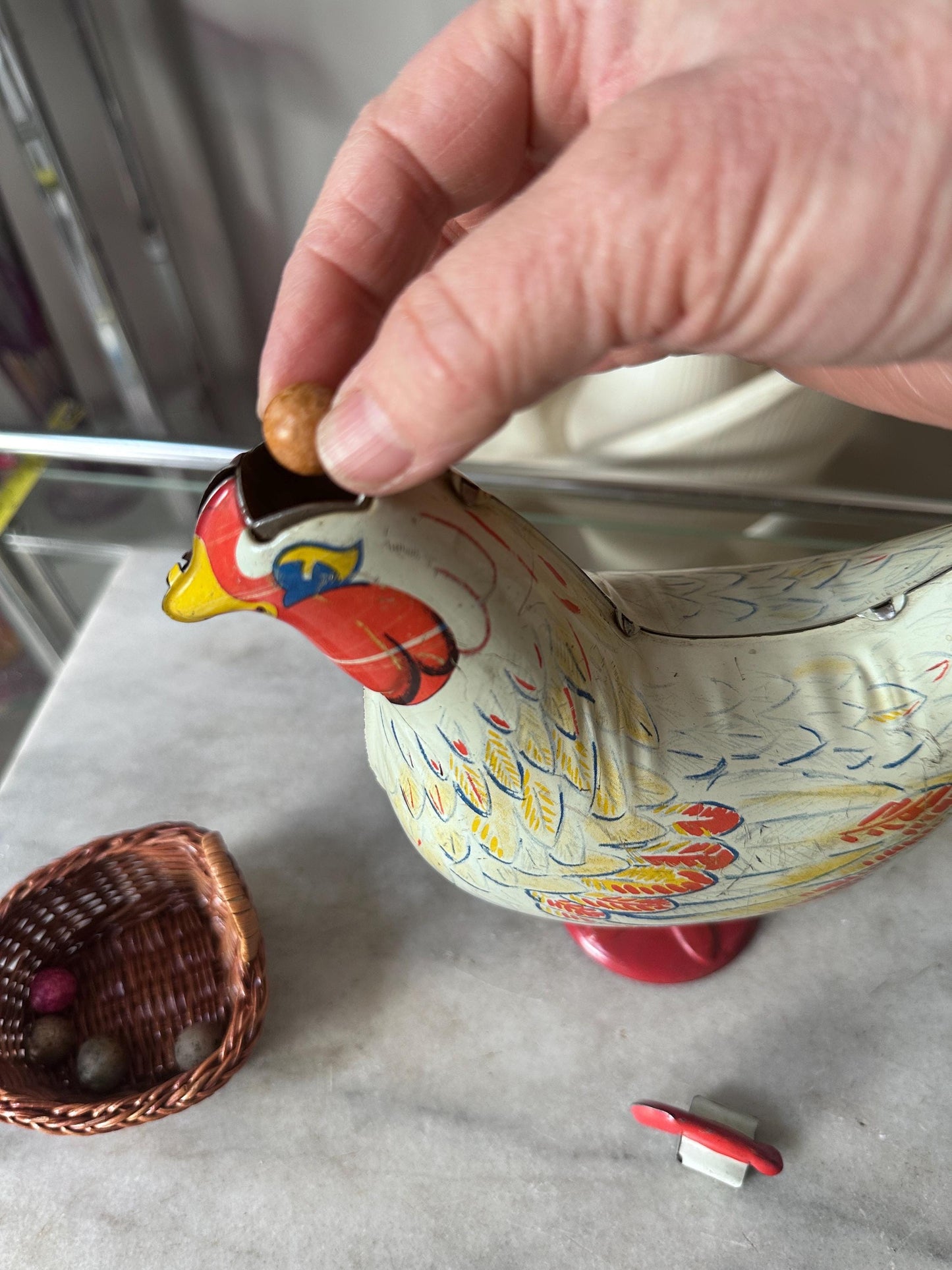 Vintage Wyandotte Tin Laying Chicken Toy | Wind-Up Works, Includes Basket & Marbles