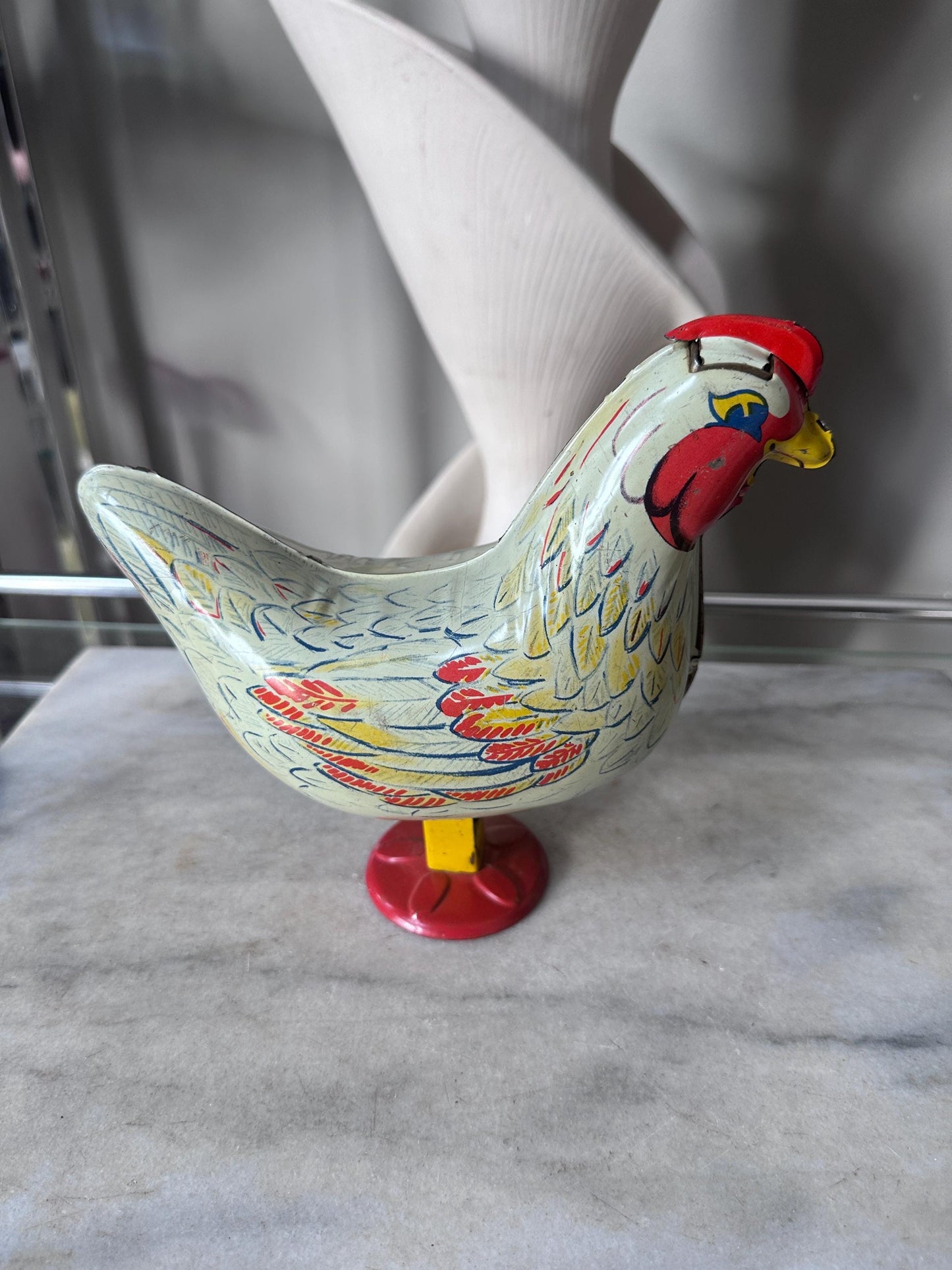 Vintage Wyandotte Tin Laying Chicken Toy | Wind-Up Works, Includes Basket & Marbles