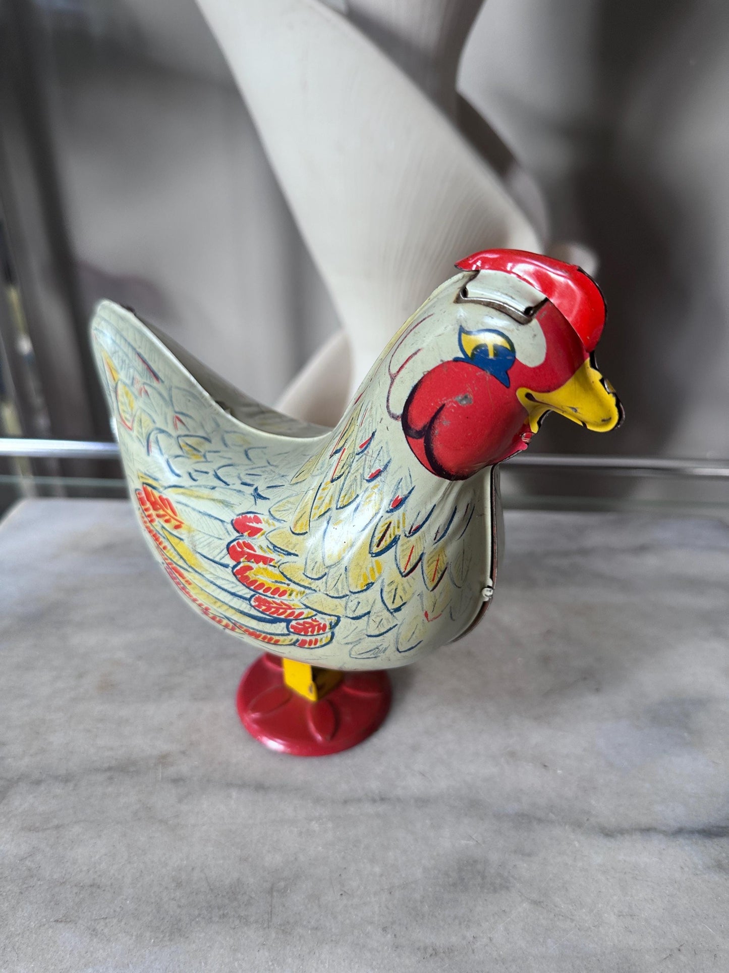 Vintage Wyandotte Tin Laying Chicken Toy | Wind-Up Works, Includes Basket & Marbles