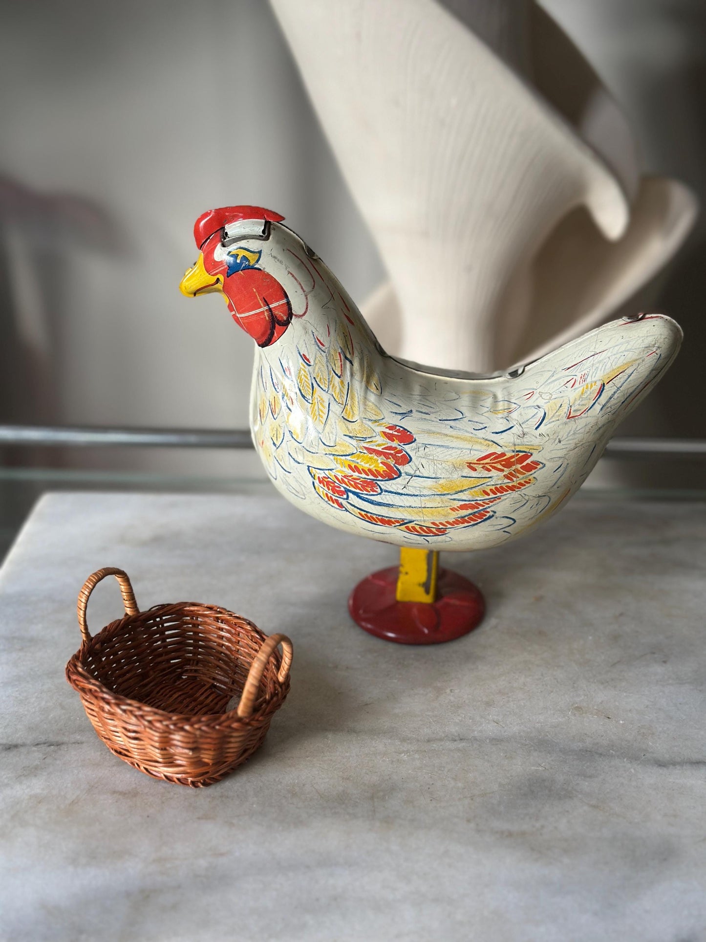 Vintage Wyandotte Tin Laying Chicken Toy | Wind-Up Works, Includes Basket & Marbles