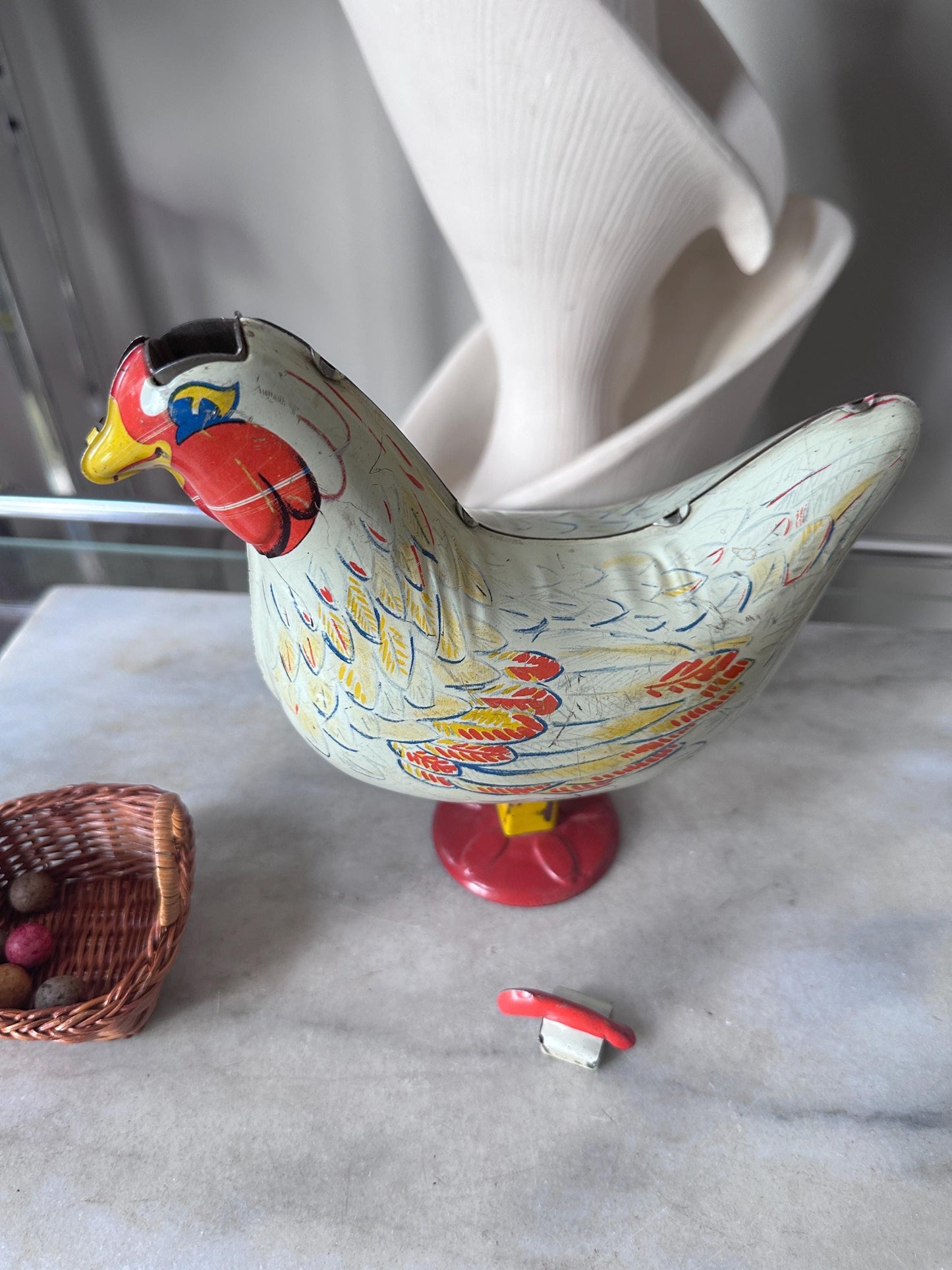 Vintage Wyandotte Tin Laying Chicken Toy | Wind-Up Works, Includes Basket & Marbles