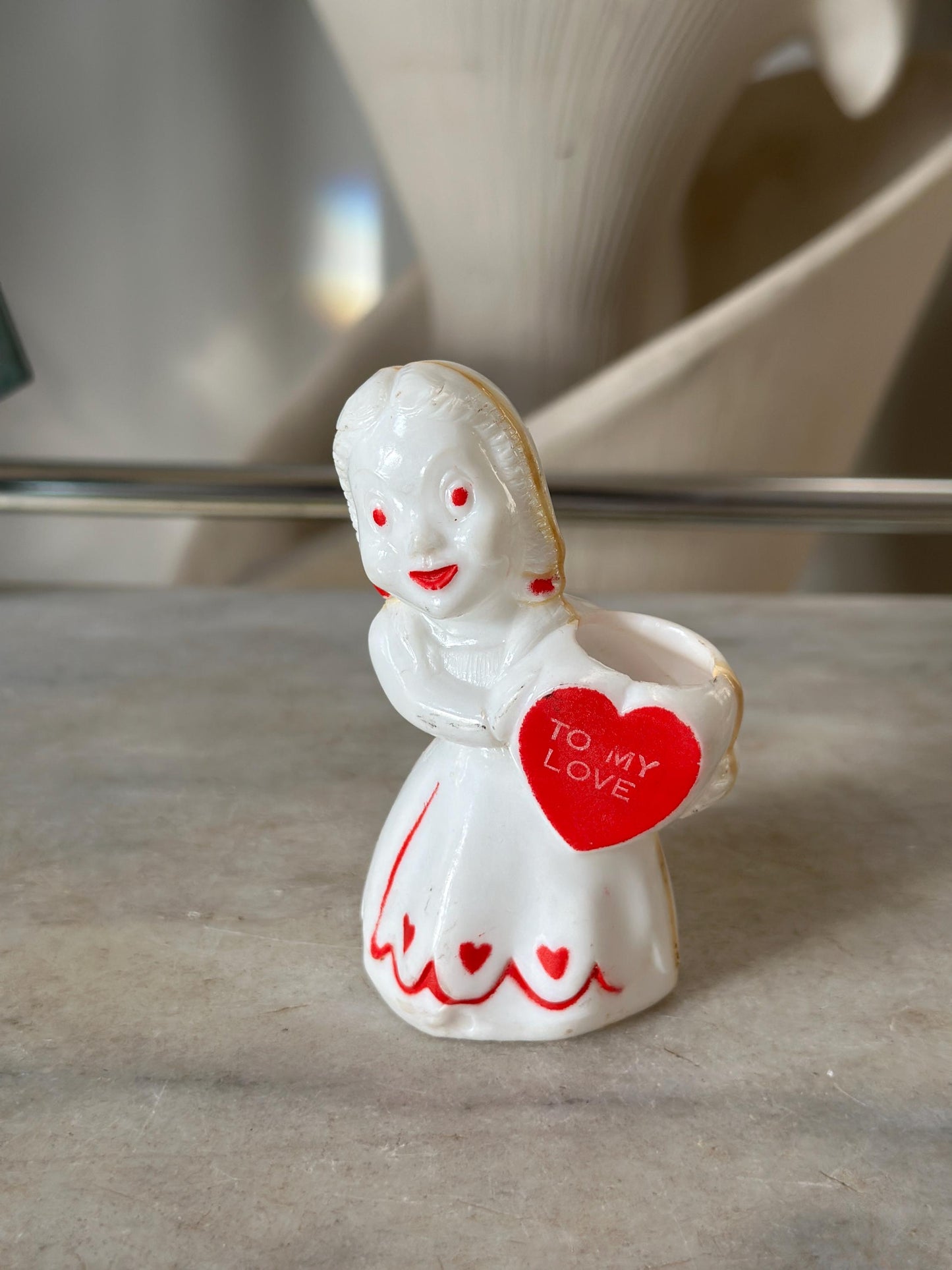 Vintage Rosbro/E. Rosen Valentine  Hard Plastic Girl Holding Valentine Heart   Candy Container 1940s - 50s