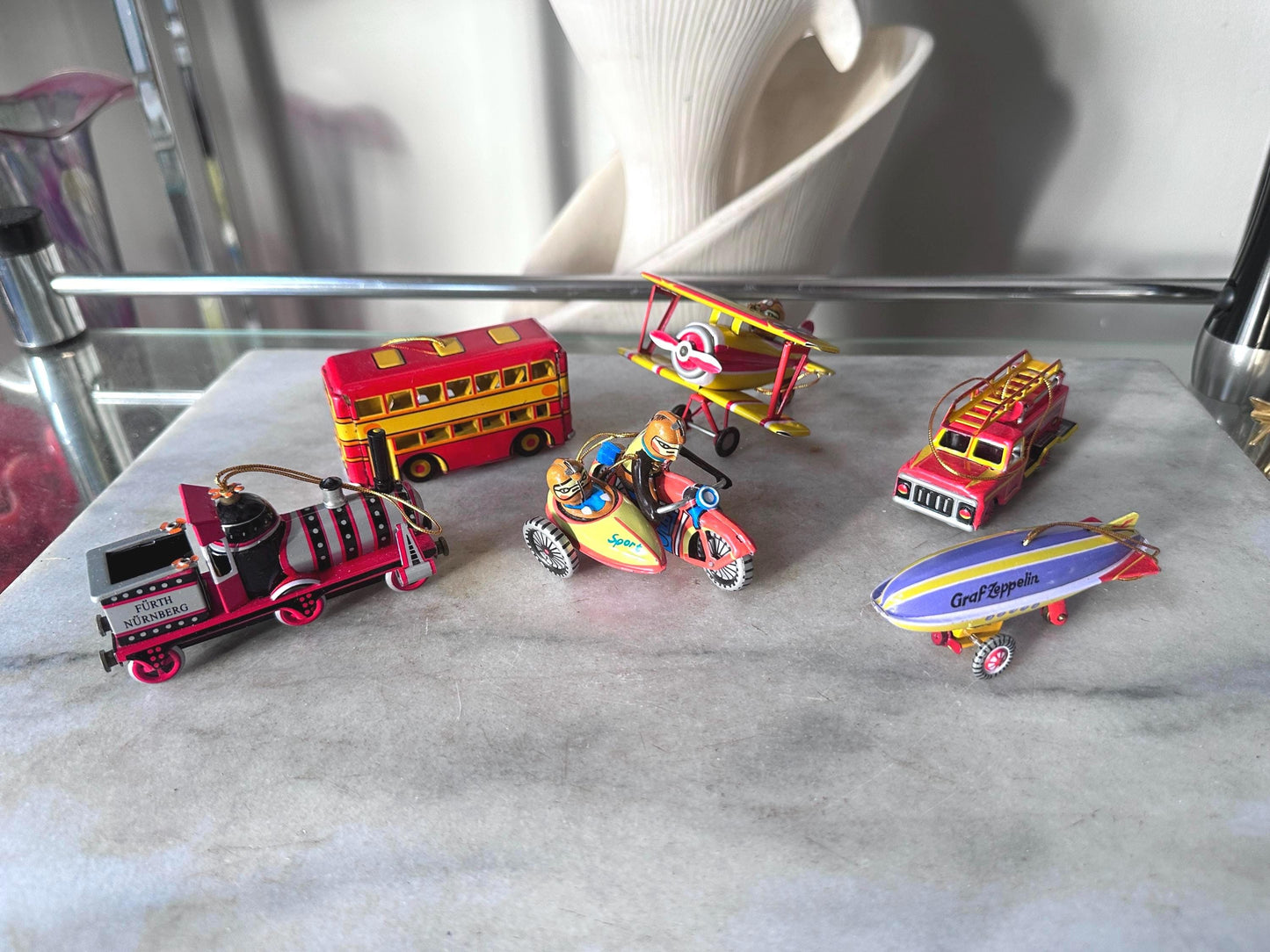 Lilian Vernon Tin Litho Ornaments | Set of 6 Retro Toy Vehicles, Mid-Century Style