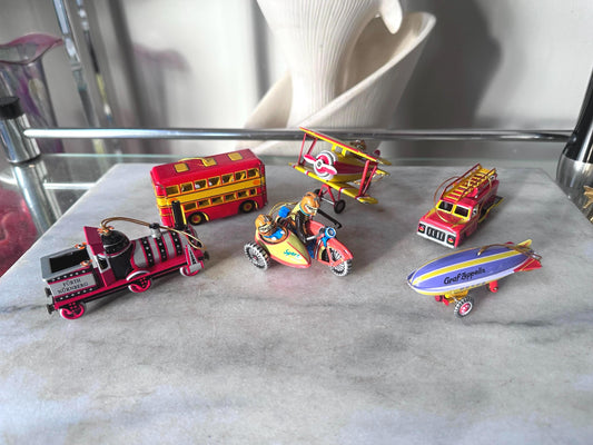 Lilian Vernon Tin Litho Ornaments | Set of 6 Retro Toy Vehicles, Mid-Century Style