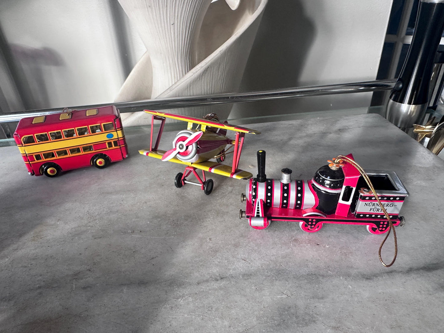 Lilian Vernon Tin Litho Ornaments | Set of 6 Retro Toy Vehicles, Mid-Century Style