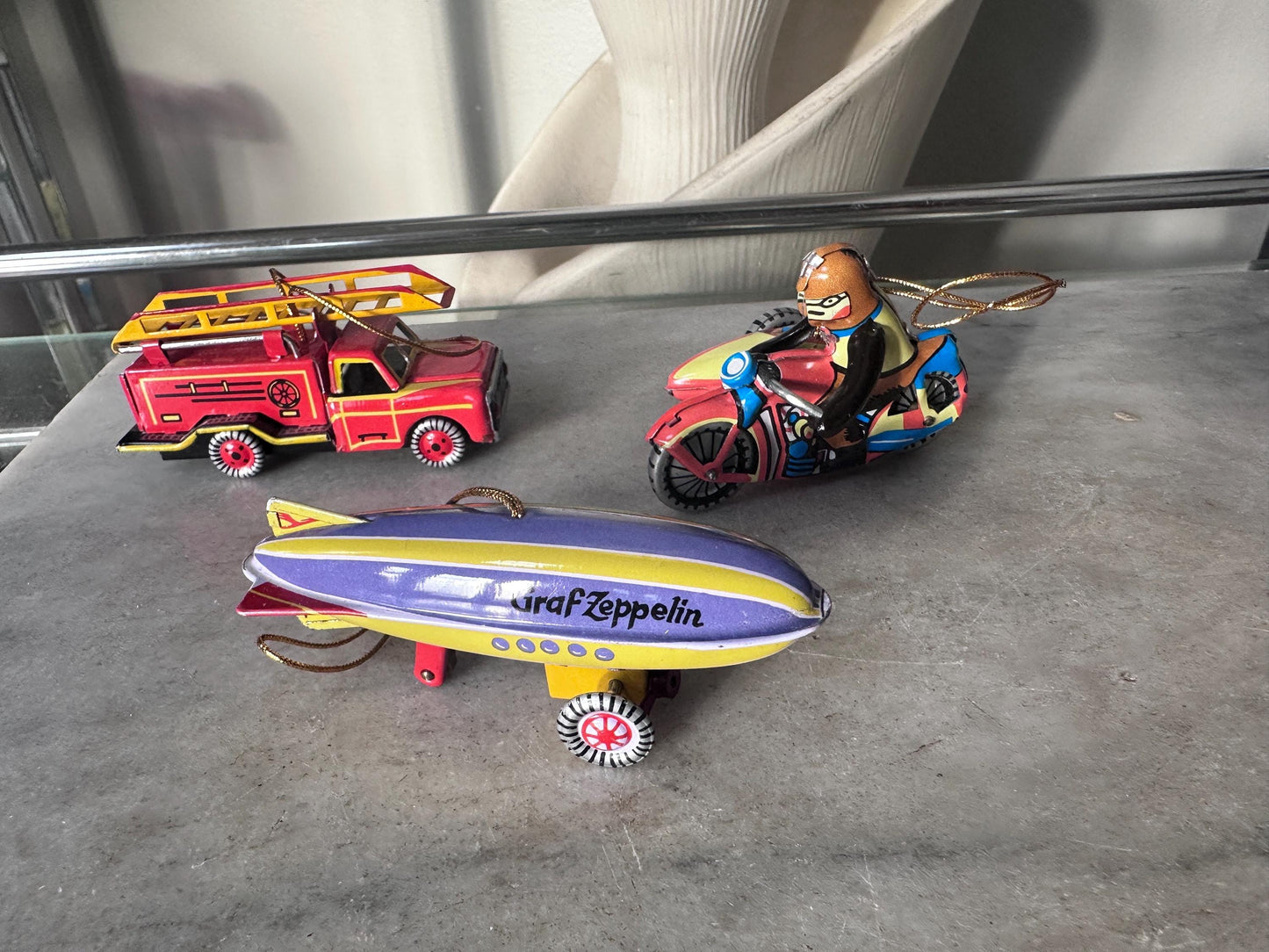 Lilian Vernon Tin Litho Ornaments | Set of 6 Retro Toy Vehicles, Mid-Century Style