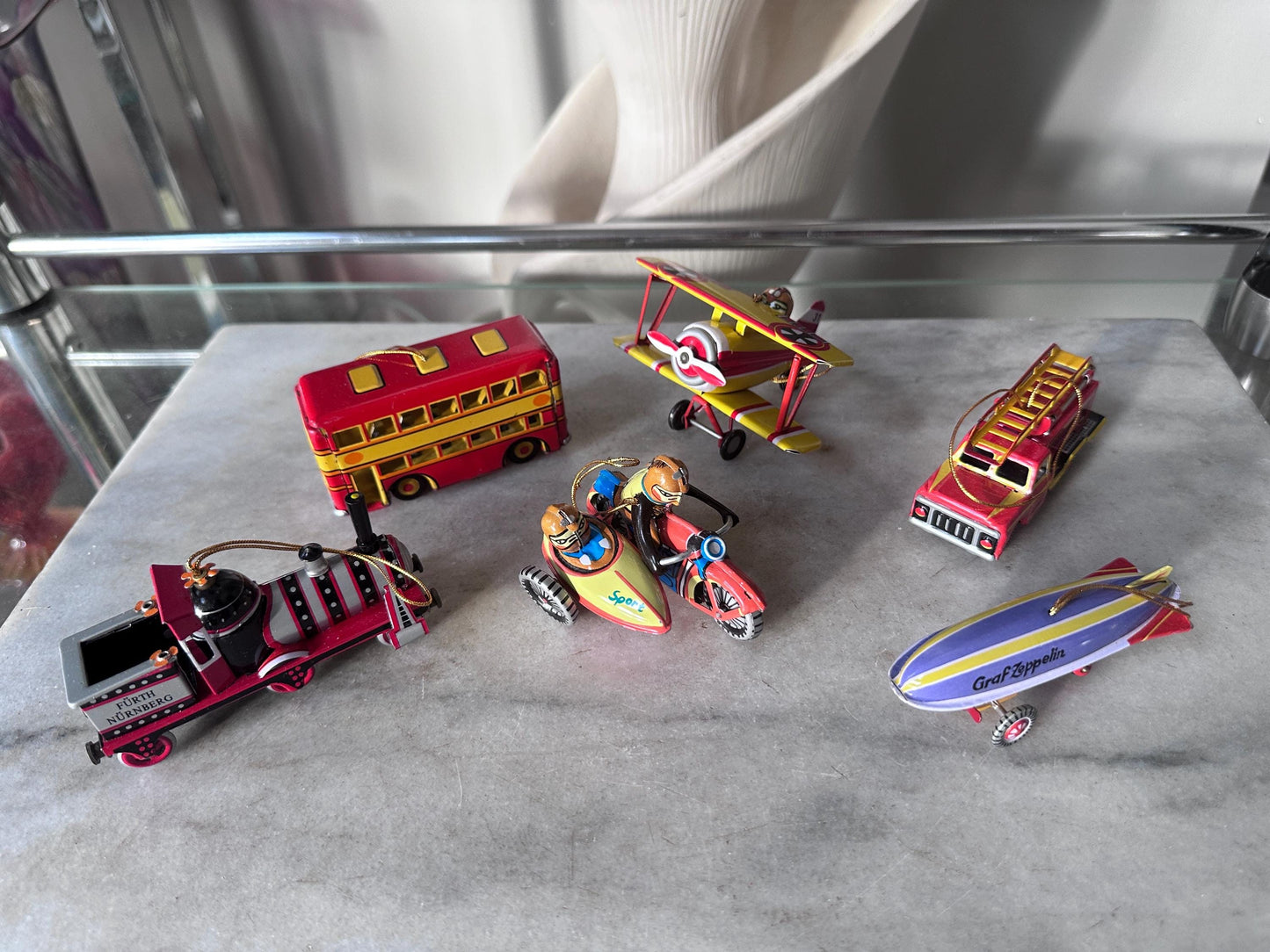 Lilian Vernon Tin Litho Ornaments | Set of 6 Retro Toy Vehicles, Mid-Century Style