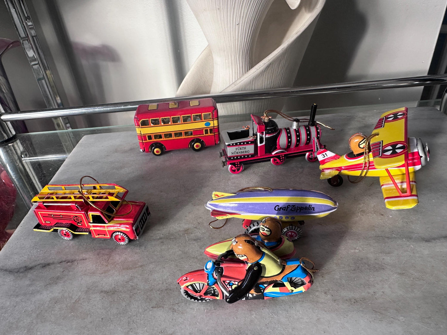 Lilian Vernon Tin Litho Ornaments | Set of 6 Retro Toy Vehicles, Mid-Century Style