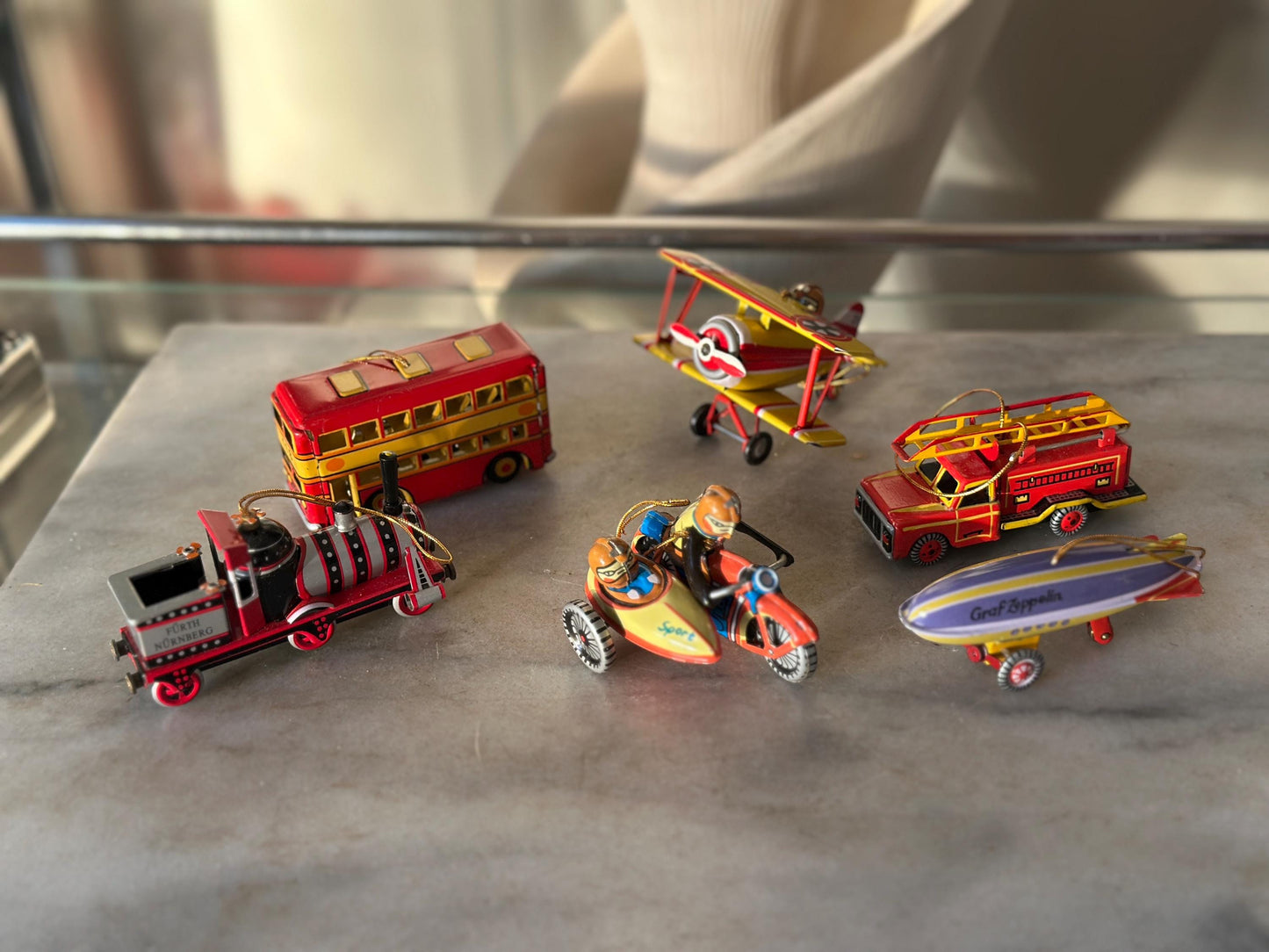 Lilian Vernon Tin Litho Ornaments | Set of 6 Retro Toy Vehicles, Mid-Century Style