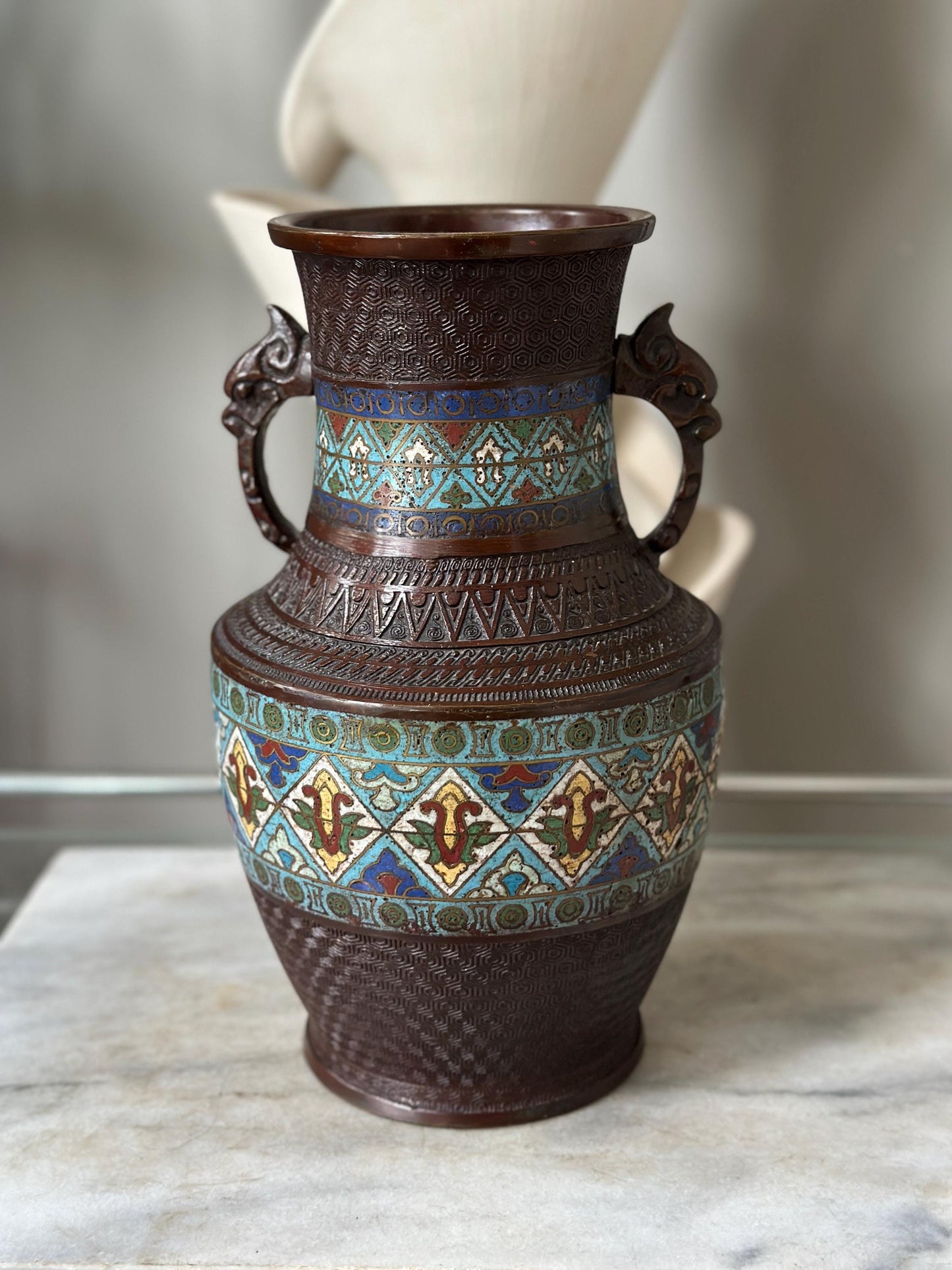 Antique Japanese Bronze Vase | Cloisonné Champlevé Urn with Fu Dog Handles 12” Tall