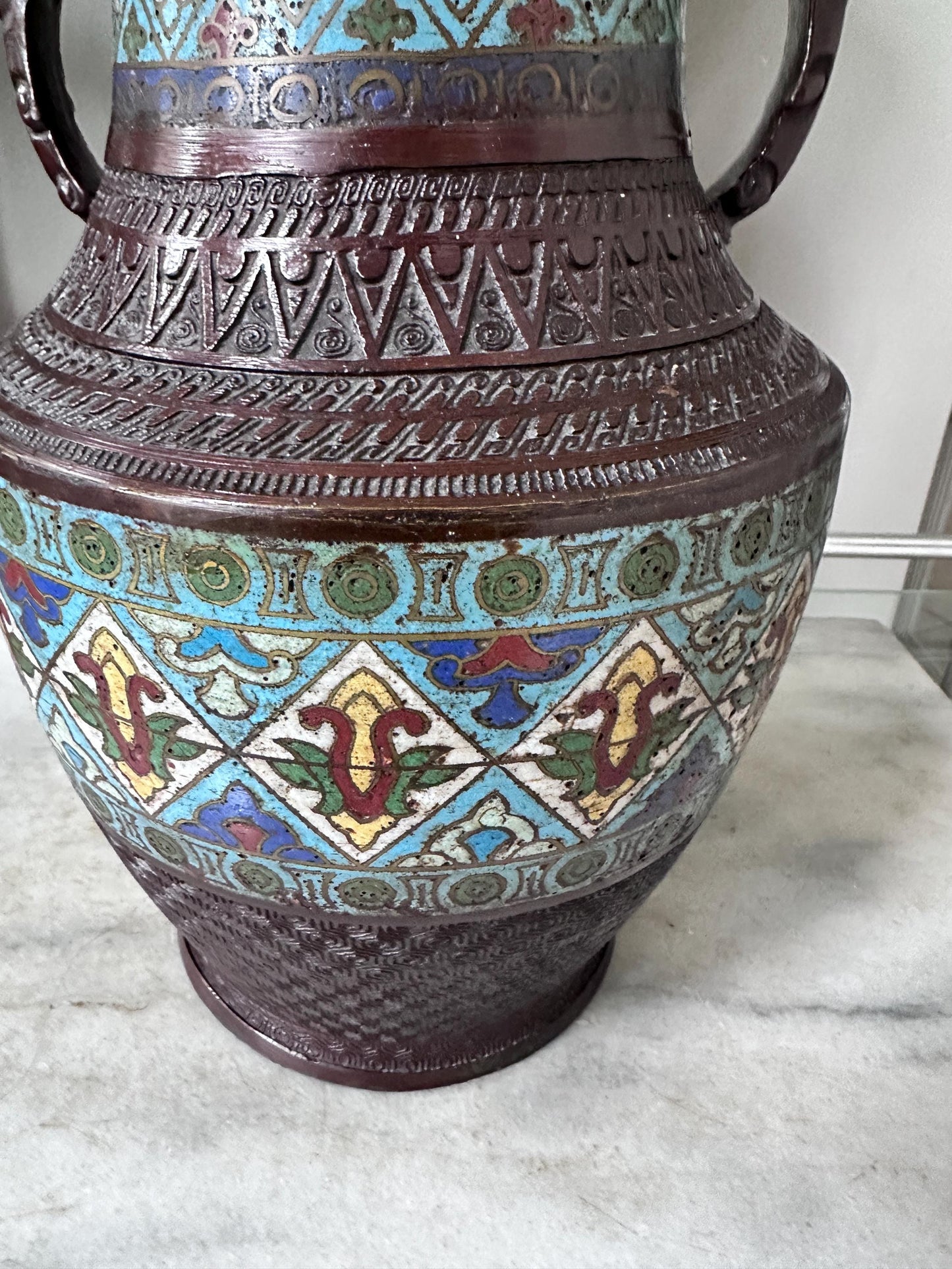Antique Japanese Bronze Vase | Cloisonné Champlevé Urn with Fu Dog Handles 12” Tall