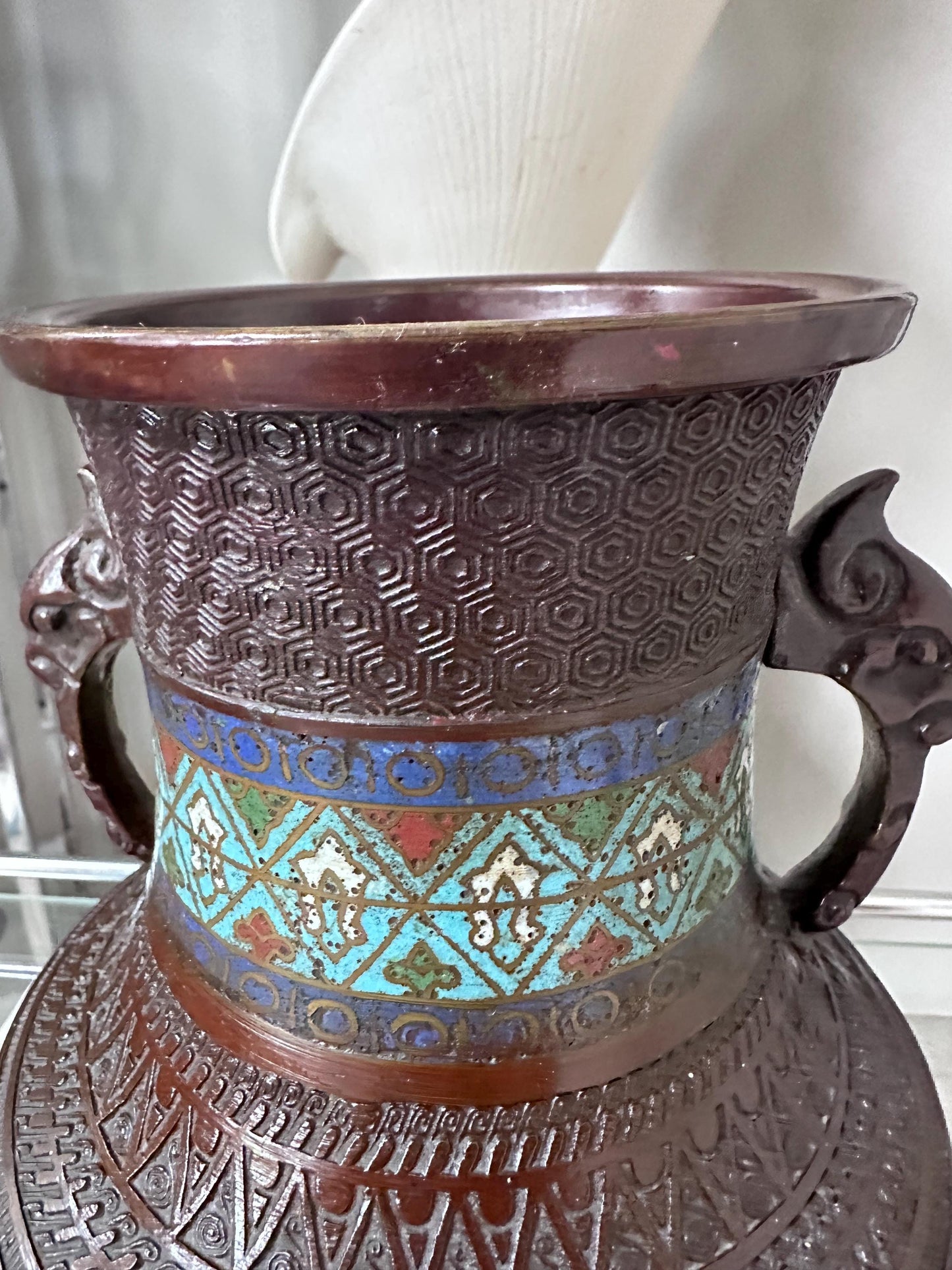 Antique Japanese Bronze Vase | Cloisonné Champlevé Urn with Fu Dog Handles 12” Tall