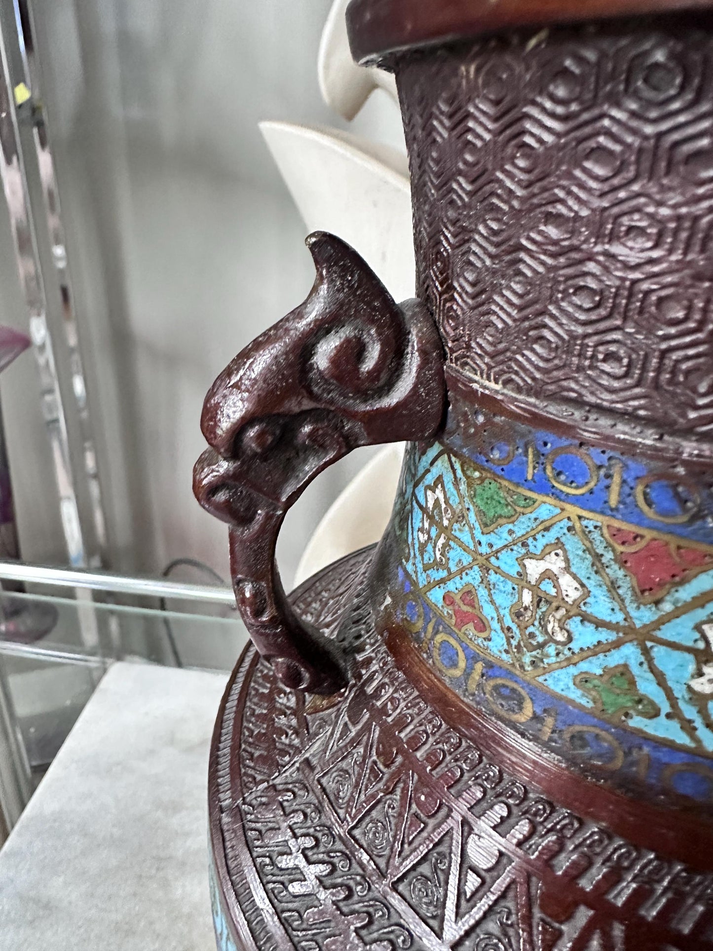 Antique Japanese Bronze Vase | Cloisonné Champlevé Urn with Fu Dog Handles 12” Tall