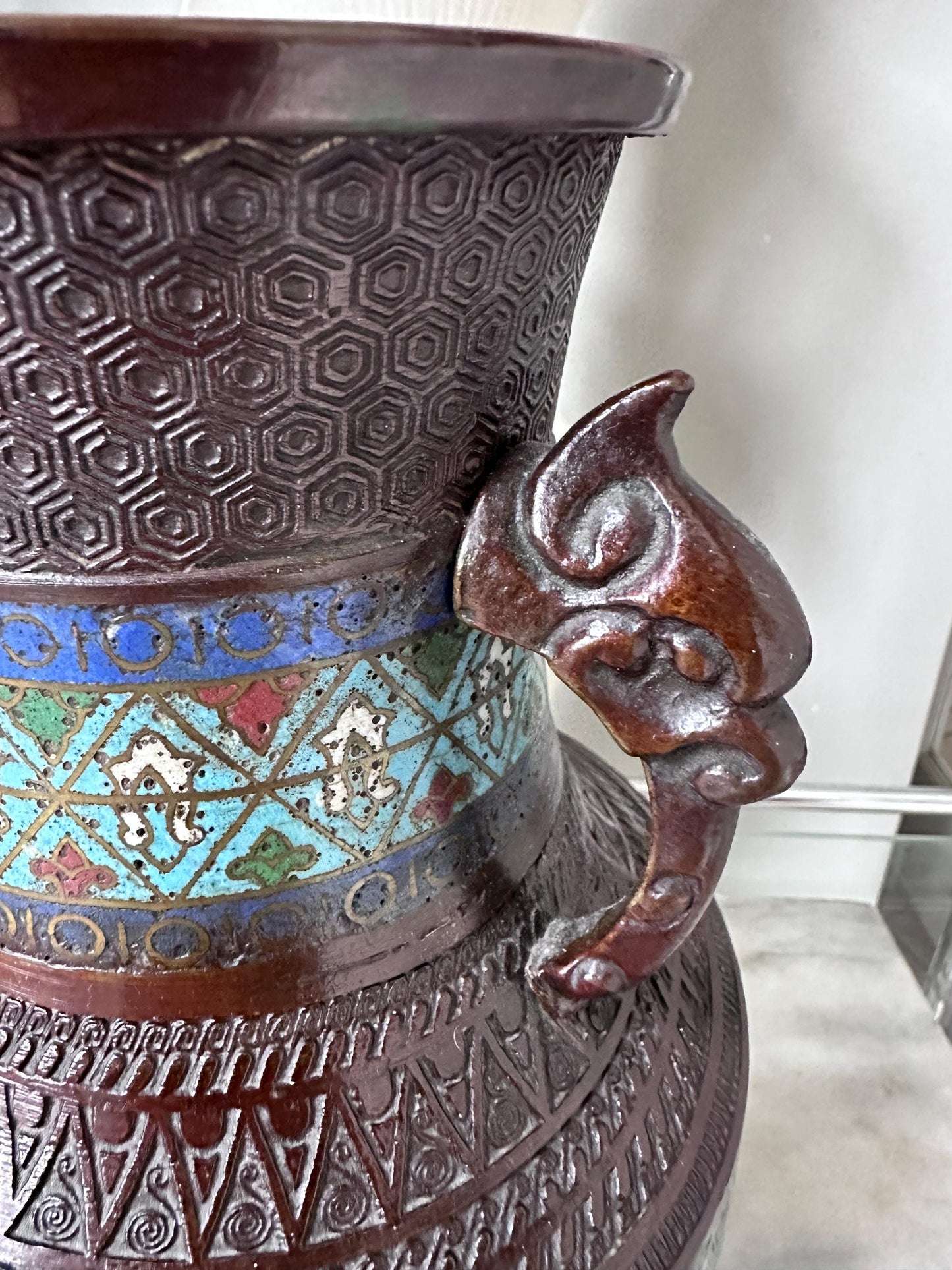 Antique Japanese Bronze Vase | Cloisonné Champlevé Urn with Fu Dog Handles 12” Tall