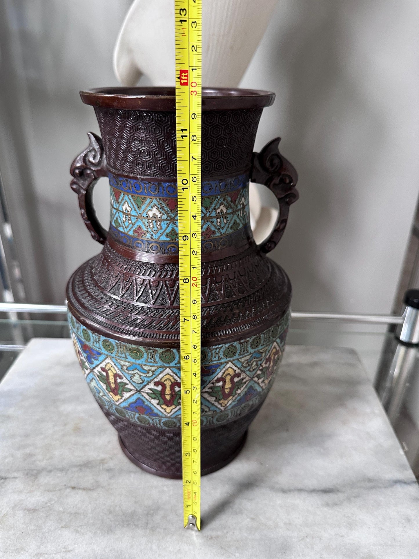 Antique Japanese Bronze Vase | Cloisonné Champlevé Urn with Fu Dog Handles 12” Tall