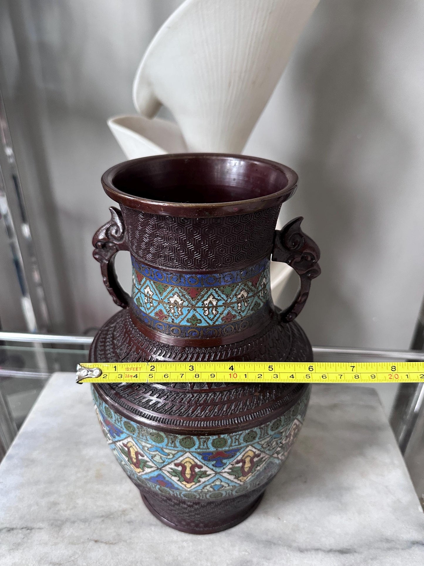 Antique Japanese Bronze Vase | Cloisonné Champlevé Urn with Fu Dog Handles 12” Tall