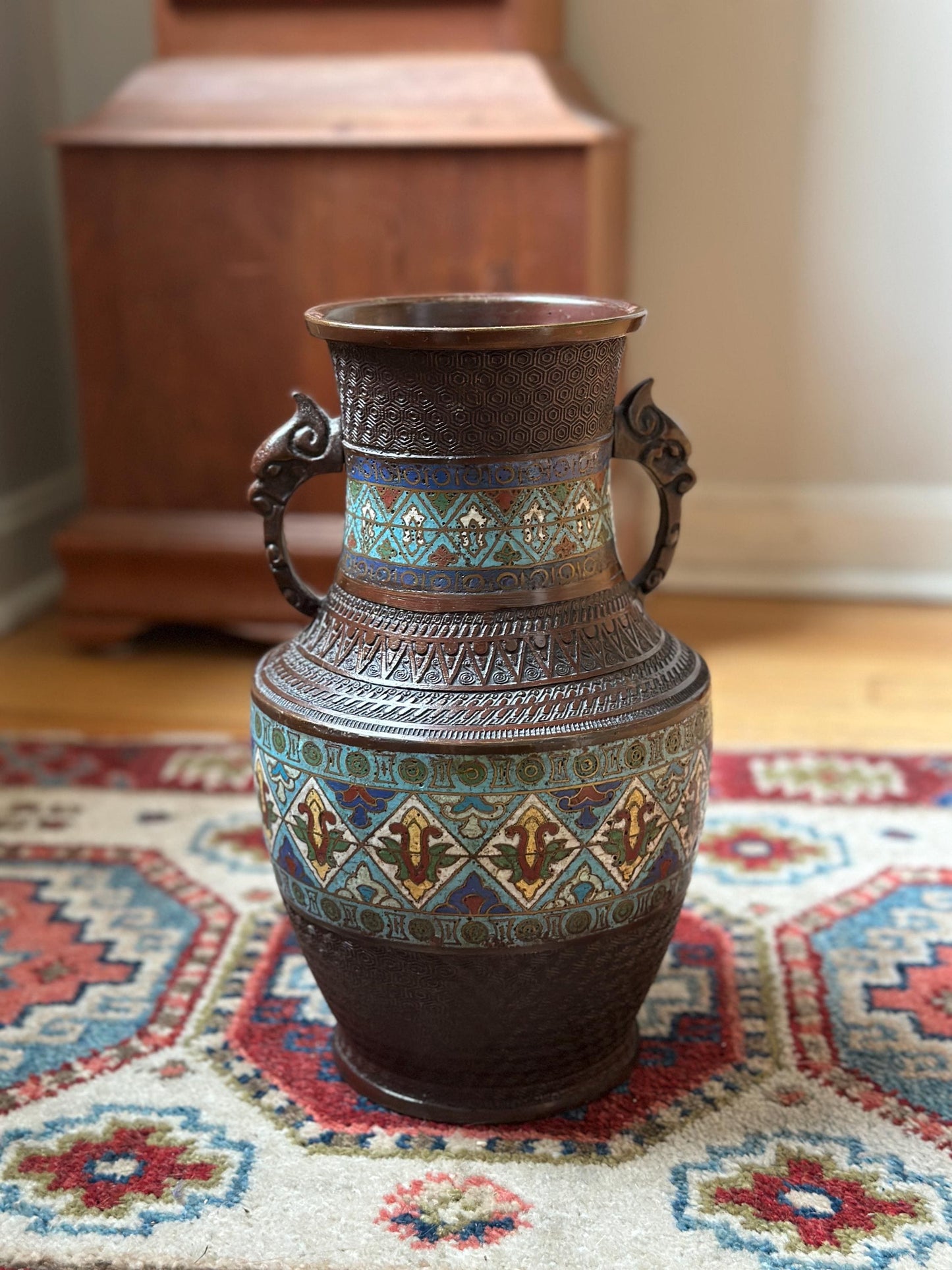 Antique Japanese Bronze Vase | Cloisonné Champlevé Urn with Fu Dog Handles 12” Tall