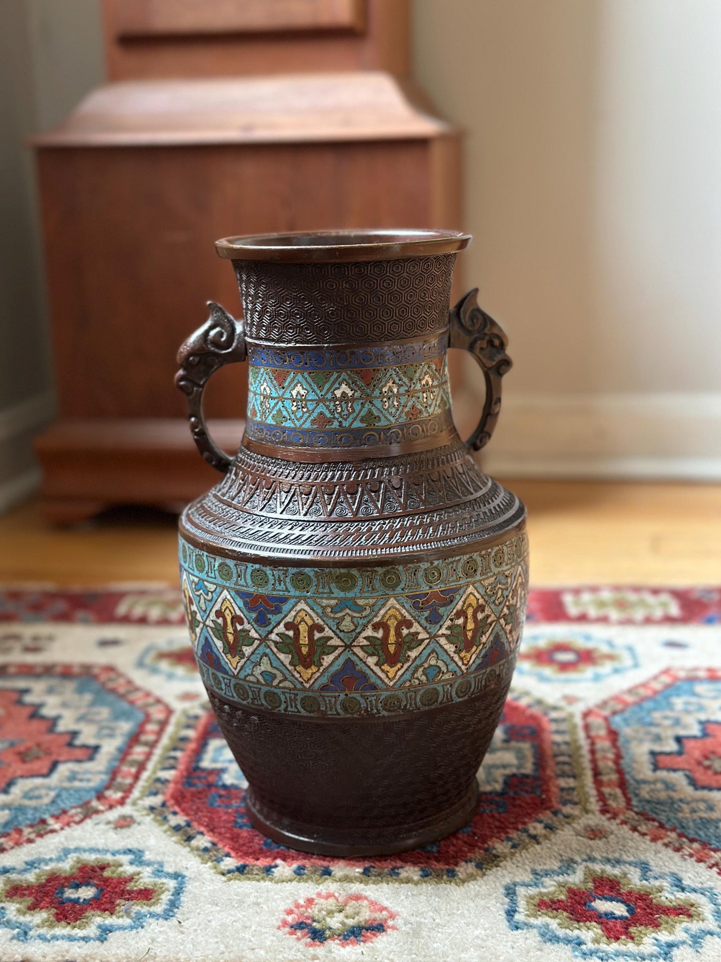 Antique Japanese Bronze Vase | Cloisonné Champlevé Urn with Fu Dog Handles 12” Tall