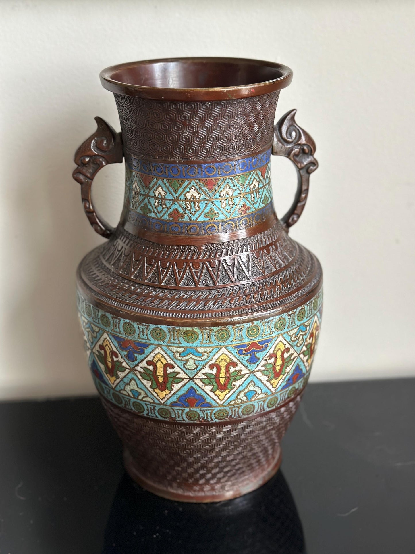 Antique Japanese Bronze Vase | Cloisonné Champlevé Urn with Fu Dog Handles 12” Tall