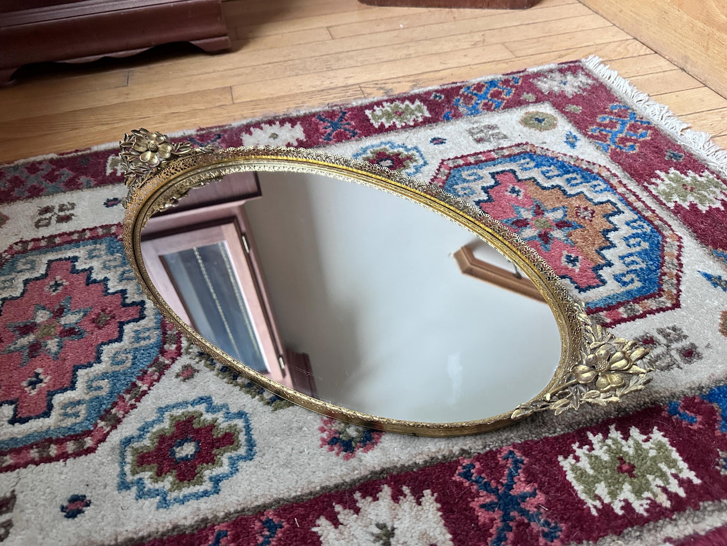Vintage Hollywood Regency Oval Vanity Mirror | Gold Filigree Dogwood Flower Handles