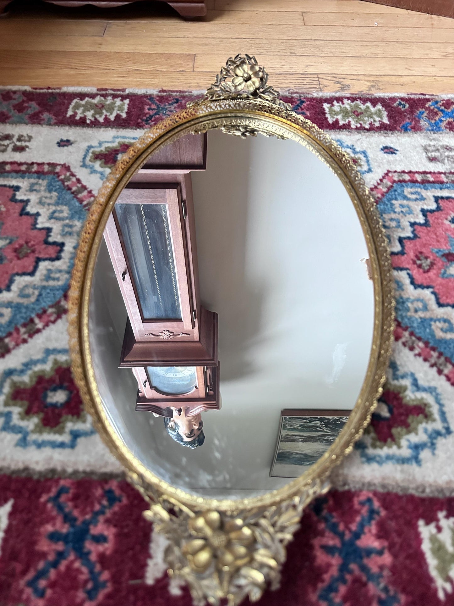 Vintage Hollywood Regency Oval Vanity Mirror | Gold Filigree Dogwood Flower Handles