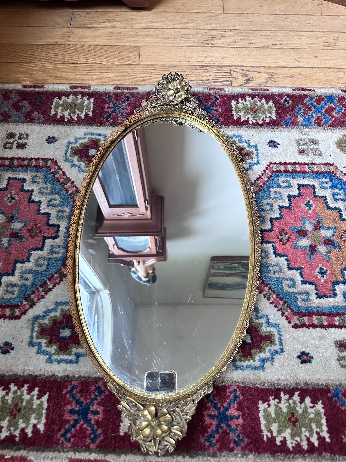 Vintage Hollywood Regency Oval Vanity Mirror | Gold Filigree Dogwood Flower Handles
