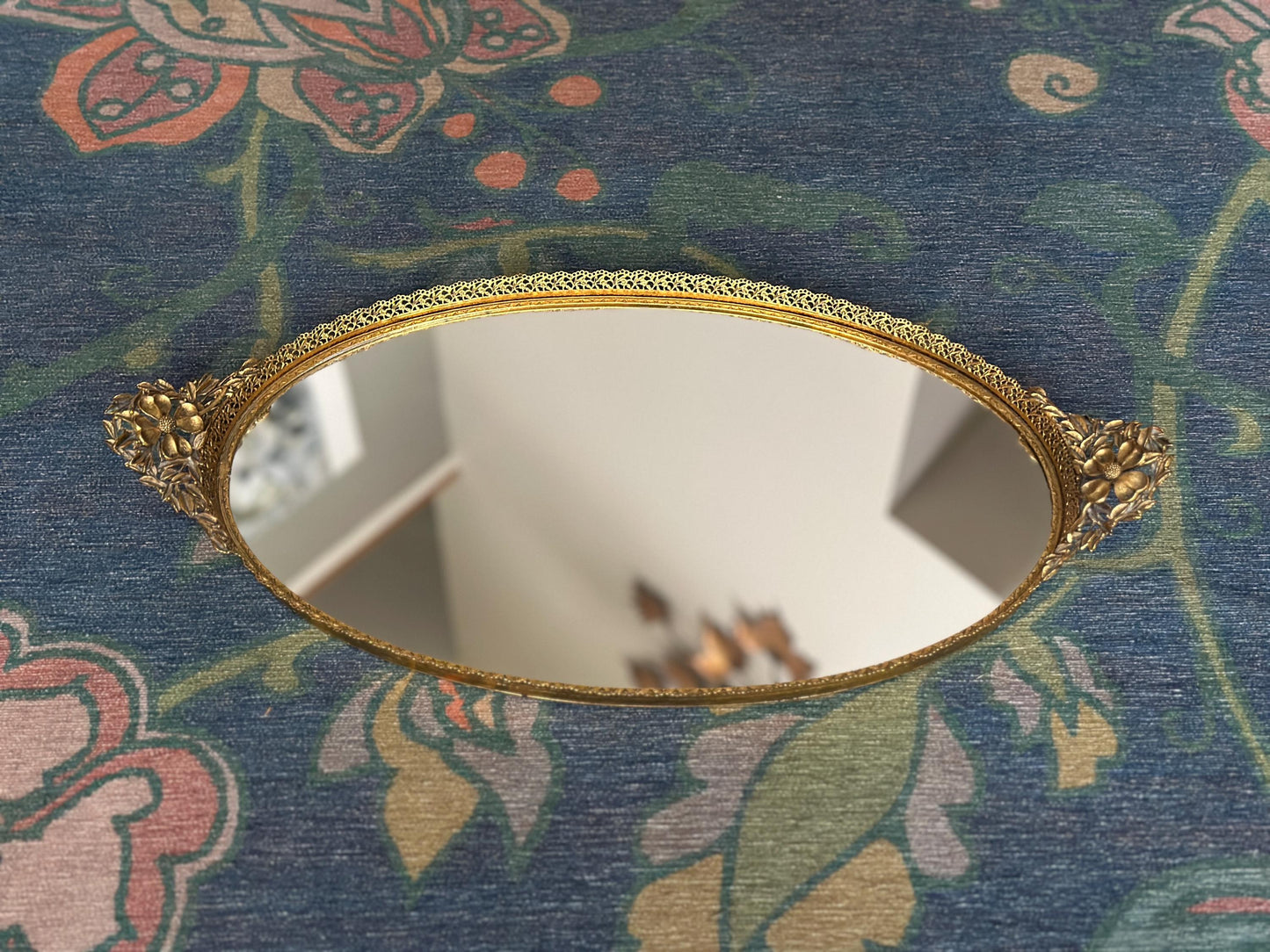 Vintage Hollywood Regency Oval Vanity Mirror | Gold Filigree Dogwood Flower Handles