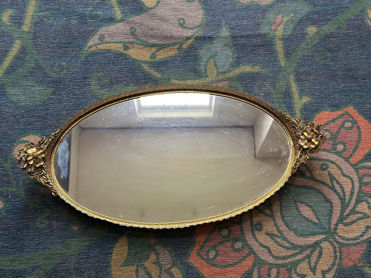 Vintage Hollywood Regency Oval Vanity Mirror | Gold Filigree Dogwood Flower Handles