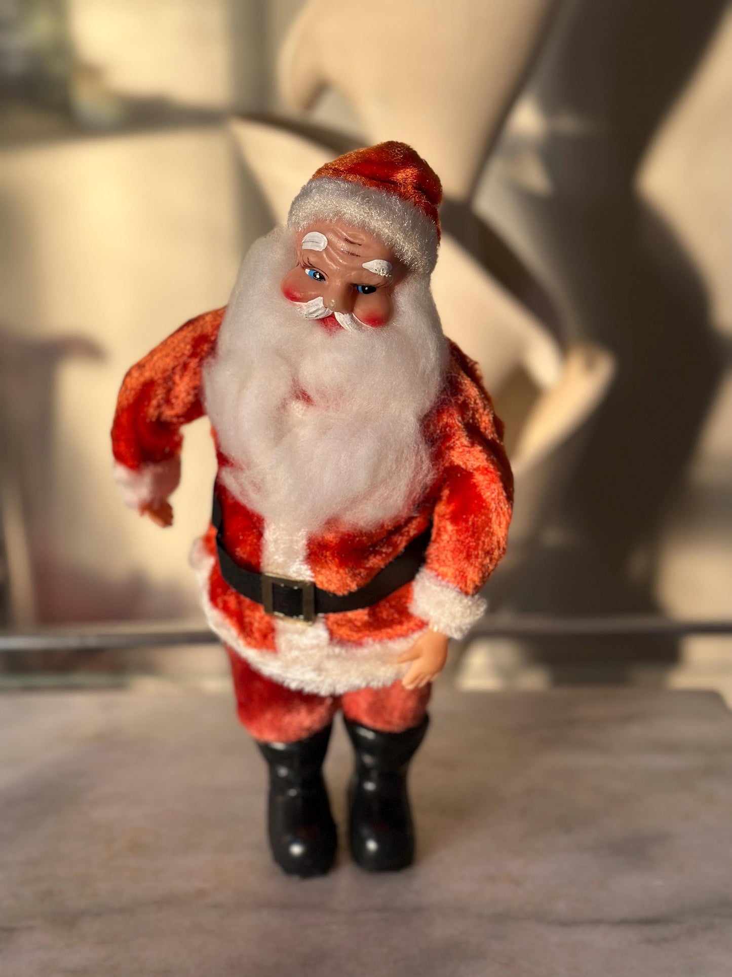 Vintage 1960s Musical Santa Claus Figurine – Animated Rubber Face, Plays Jingle Bells, 13" Tall
