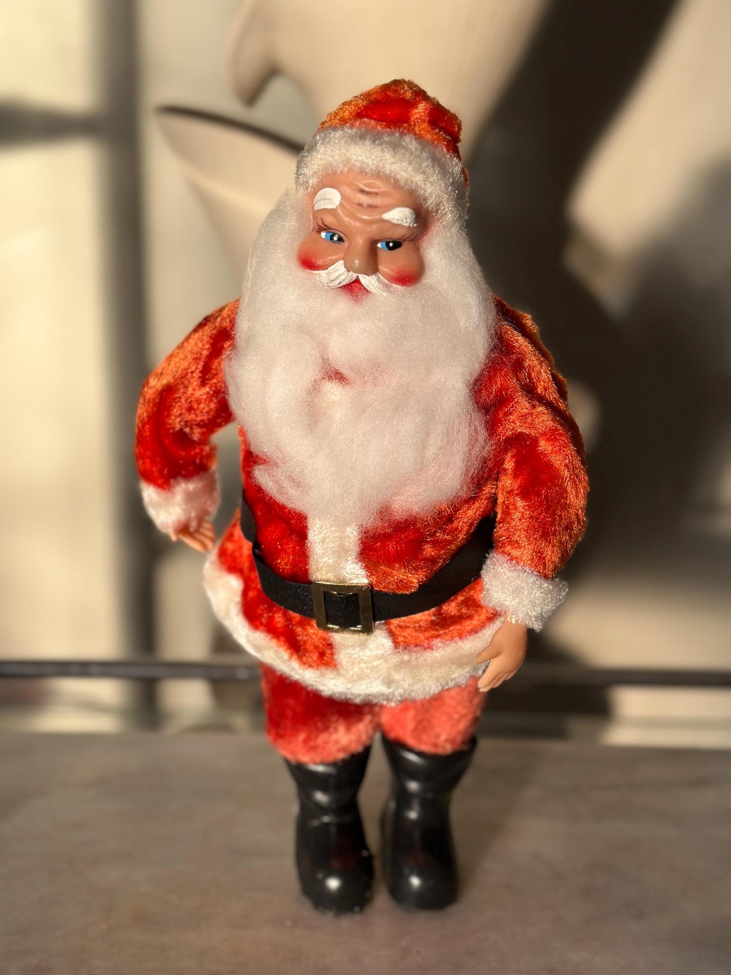 Vintage 1960s Musical Santa Claus Figurine – Animated Rubber Face, Plays Jingle Bells, 13" Tall