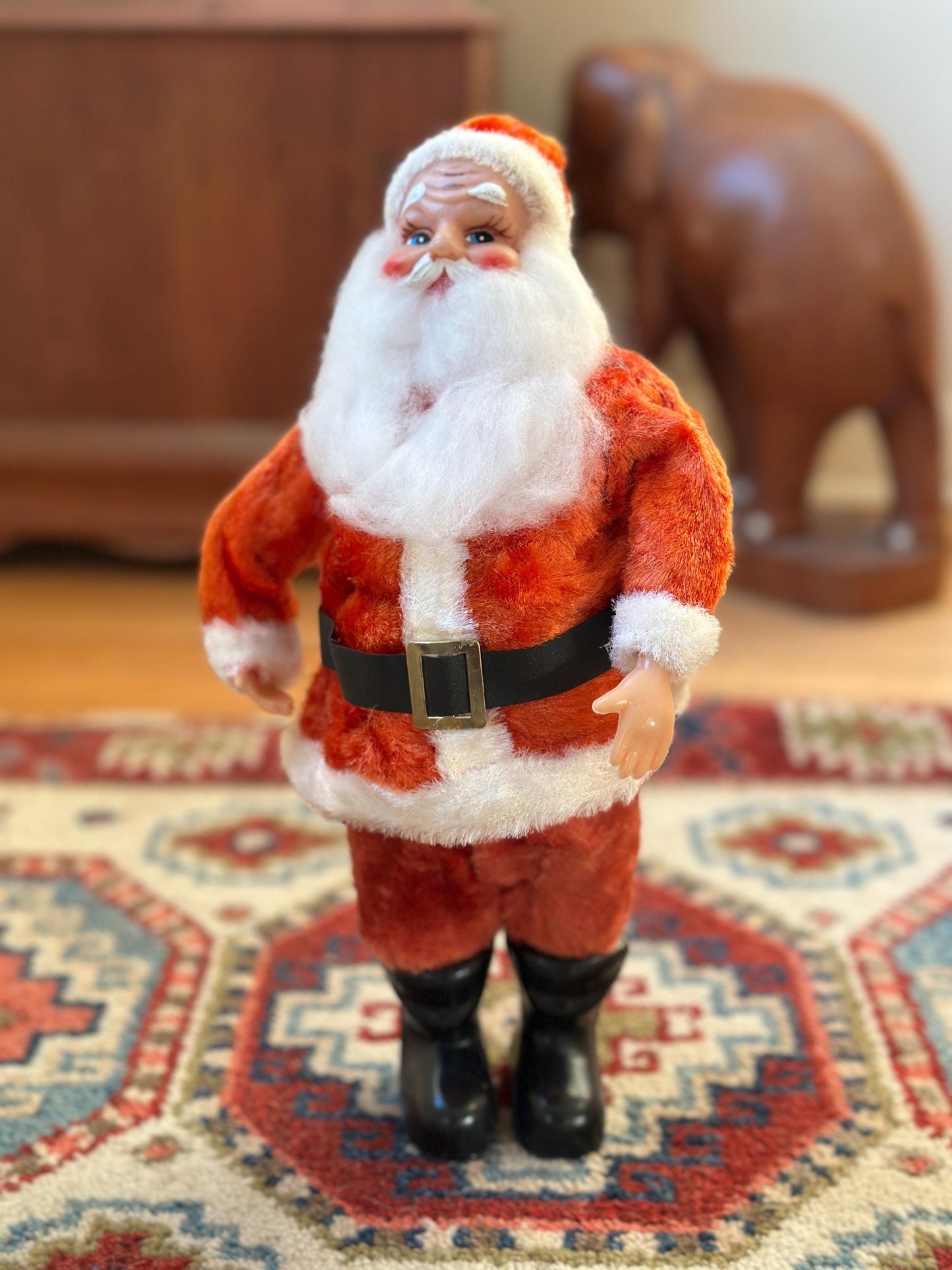Vintage 1960s Musical Santa Claus Figurine – Animated Rubber Face, Plays Jingle Bells, 13" Tall