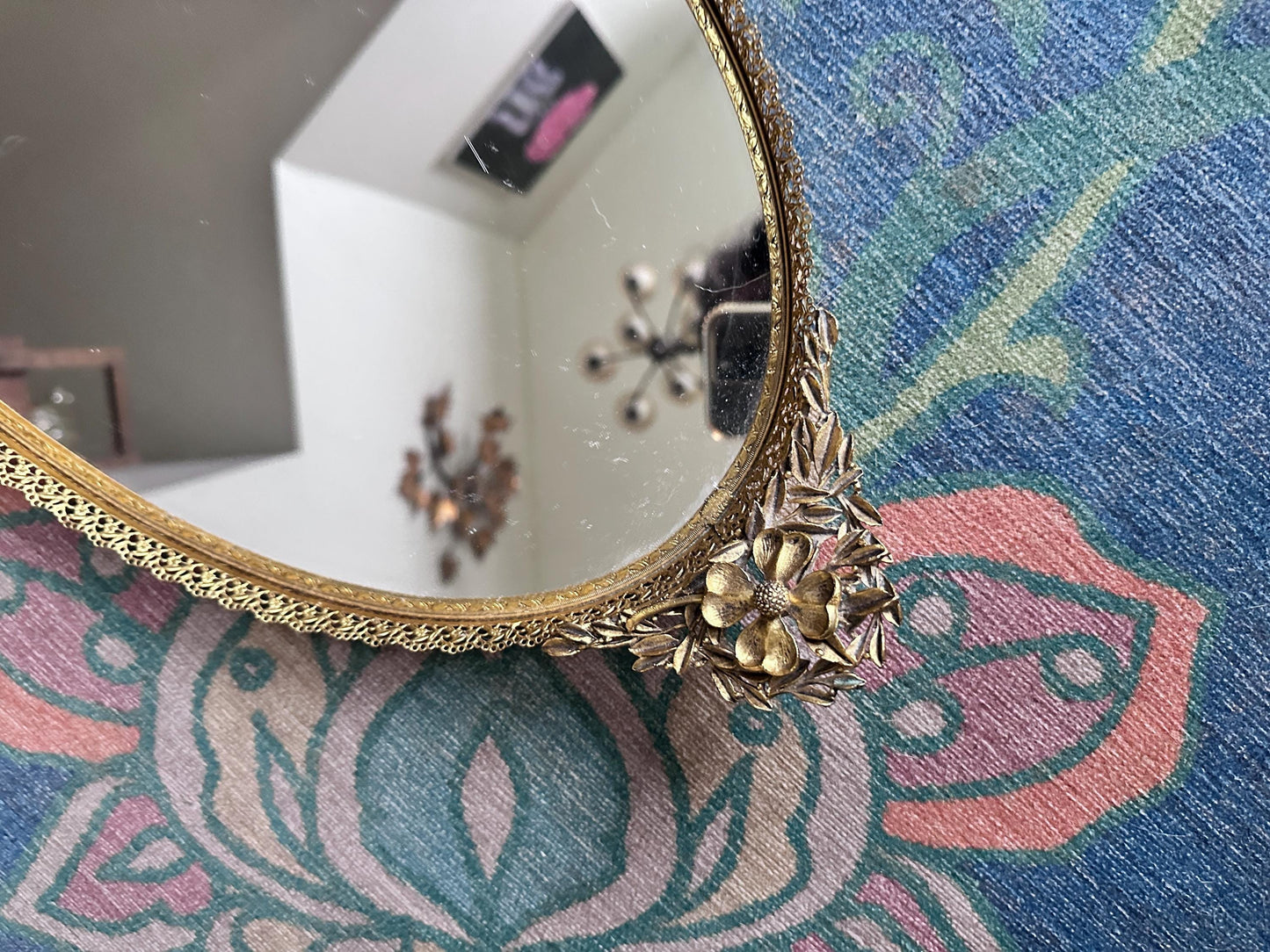 Vintage Hollywood Regency Oval Vanity Mirror | Gold Filigree Dogwood Flower Handles