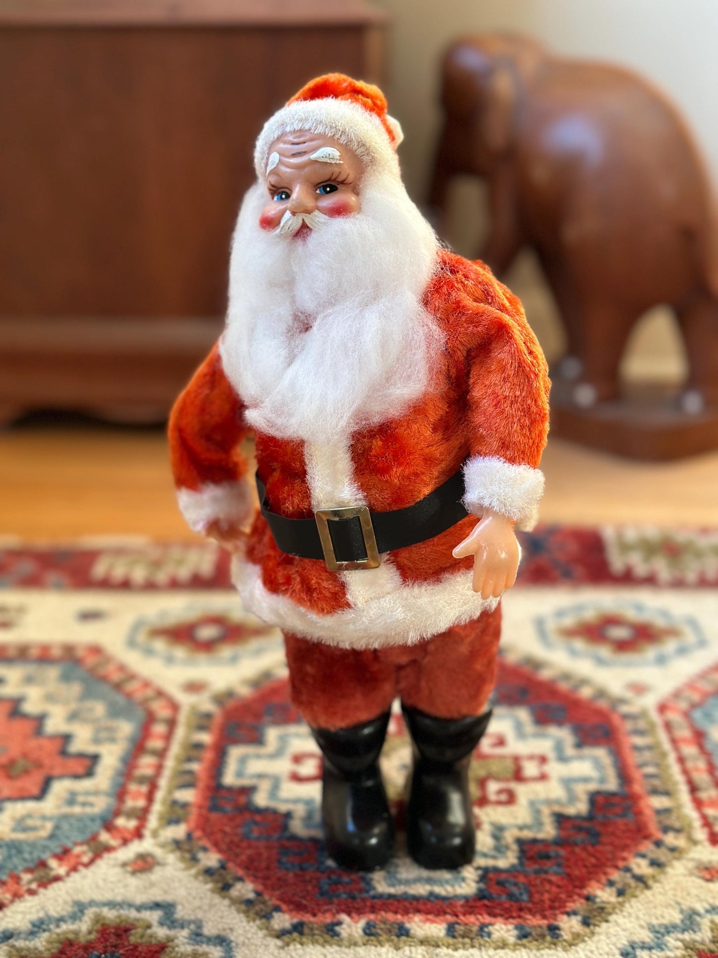 Vintage 1960s Musical Santa Claus Figurine – Animated Rubber Face, Plays Jingle Bells, 13" Tall