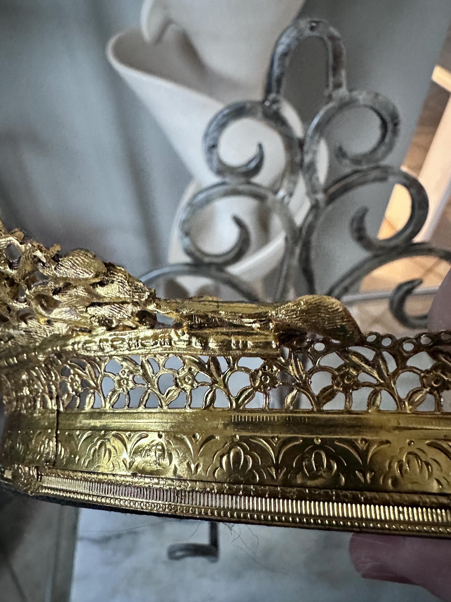Vintage Hollywood Regency Oval Vanity Mirror | Gold Filigree Dogwood Flower Handles