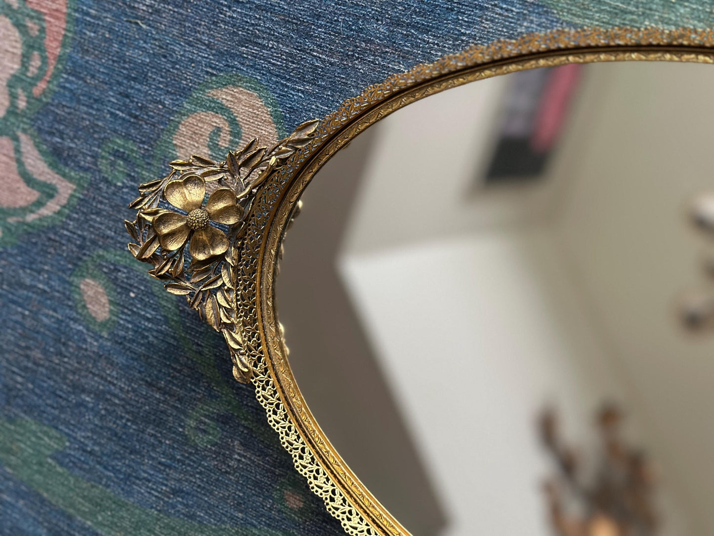 Vintage Hollywood Regency Oval Vanity Mirror | Gold Filigree Dogwood Flower Handles