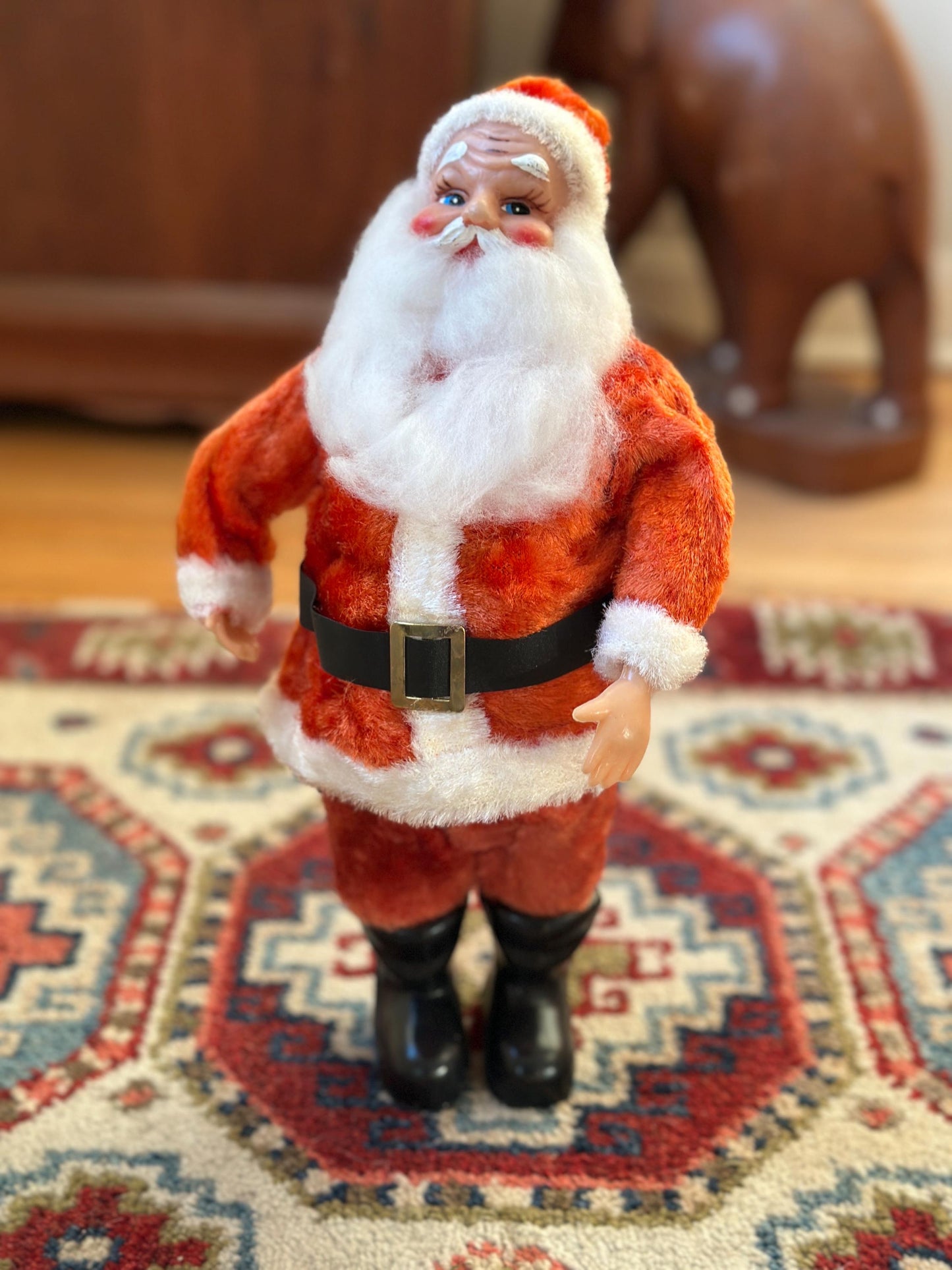 Vintage 1960s Musical Santa Claus Figurine – Animated Rubber Face, Plays Jingle Bells, 13" Tall