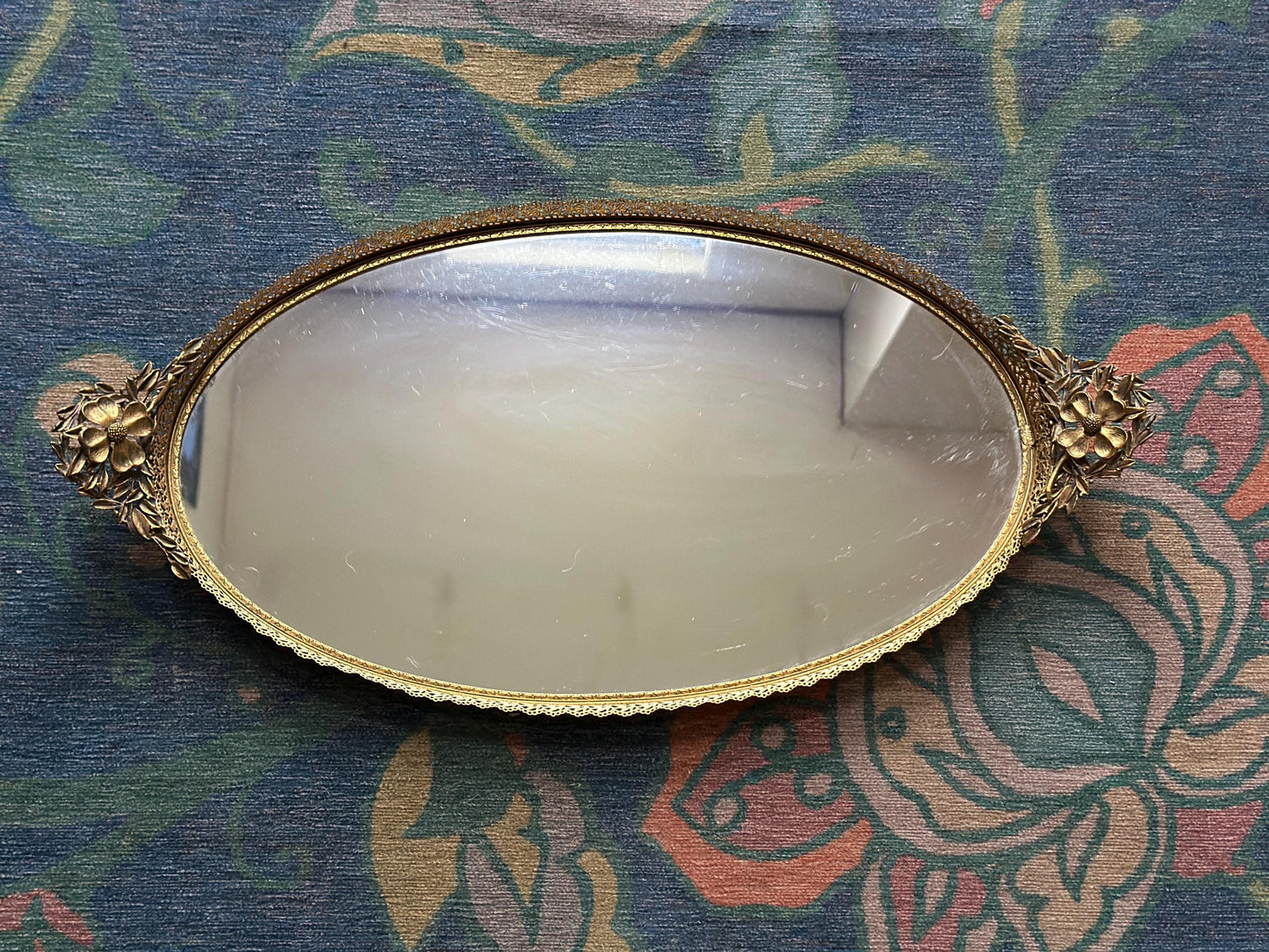 Vintage Hollywood Regency Oval Vanity Mirror | Gold Filigree Dogwood Flower Handles