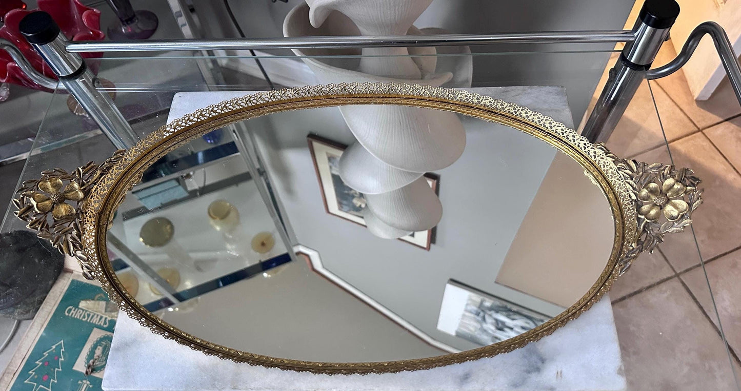 Vintage Hollywood Regency Oval Vanity Mirror | Gold Filigree Dogwood Flower Handles