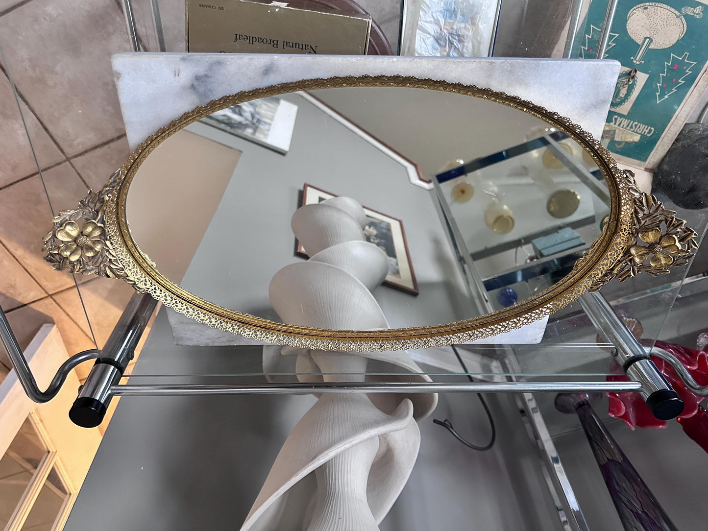 Vintage Hollywood Regency Oval Vanity Mirror | Gold Filigree Dogwood Flower Handles