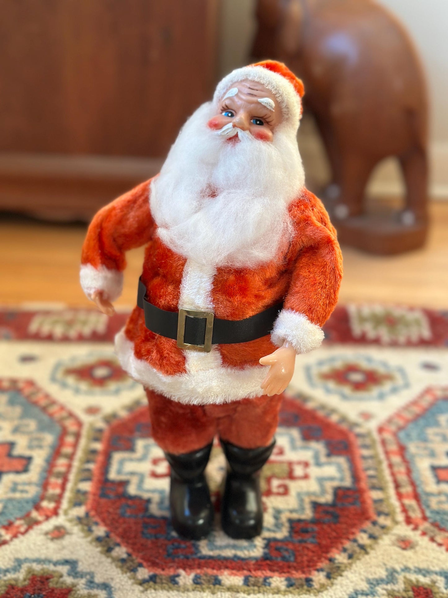 Vintage 1960s Musical Santa Claus Figurine – Animated Rubber Face, Plays Jingle Bells, 13" Tall