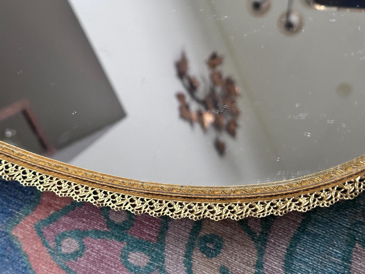 Vintage Hollywood Regency Oval Vanity Mirror | Gold Filigree Dogwood Flower Handles