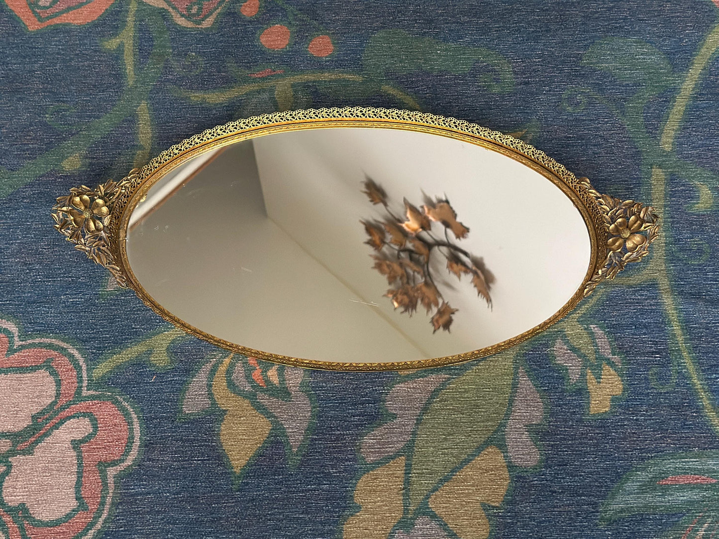 Vintage Hollywood Regency Oval Vanity Mirror | Gold Filigree Dogwood Flower Handles