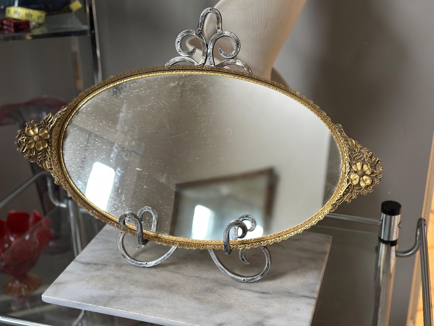 Vintage Hollywood Regency Oval Vanity Mirror | Gold Filigree Dogwood Flower Handles