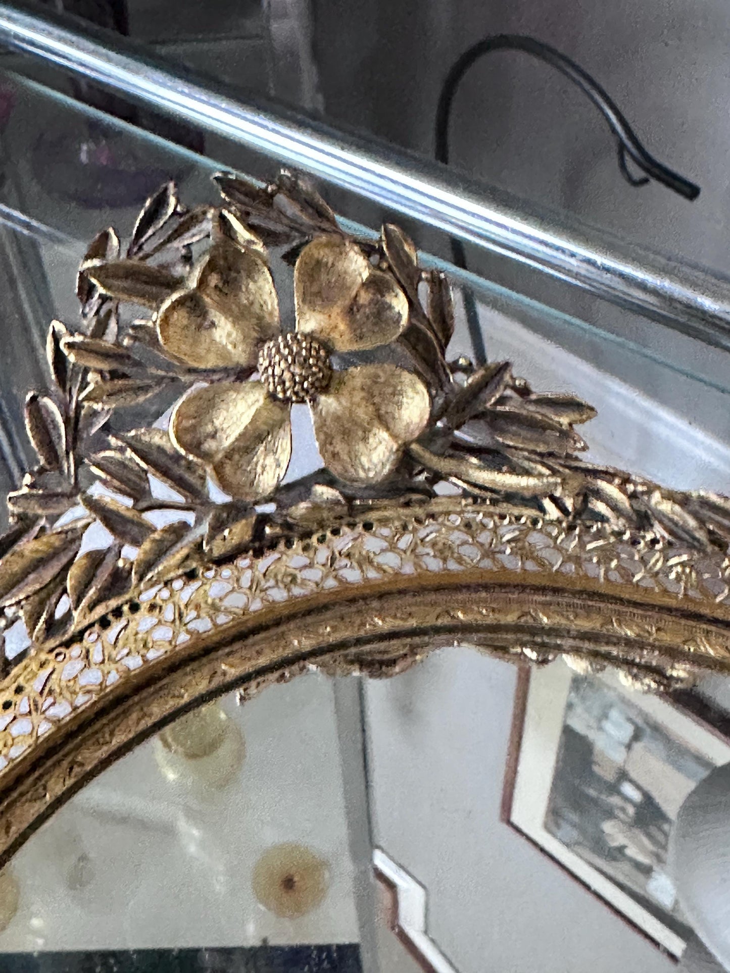 Vintage Hollywood Regency Oval Vanity Mirror | Gold Filigree Dogwood Flower Handles