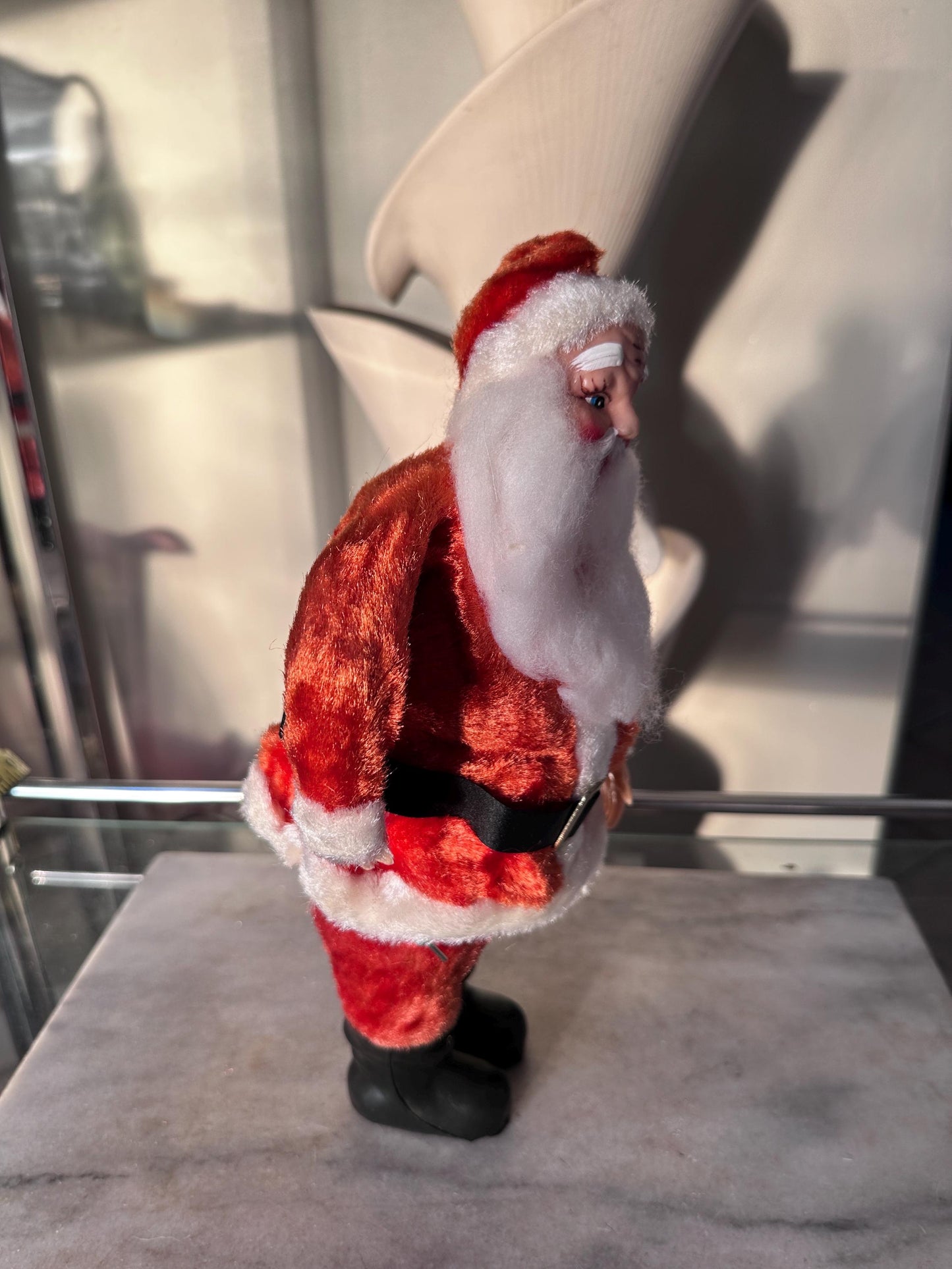 Vintage 1960s Musical Santa Claus Figurine – Animated Rubber Face, Plays Jingle Bells, 13" Tall
