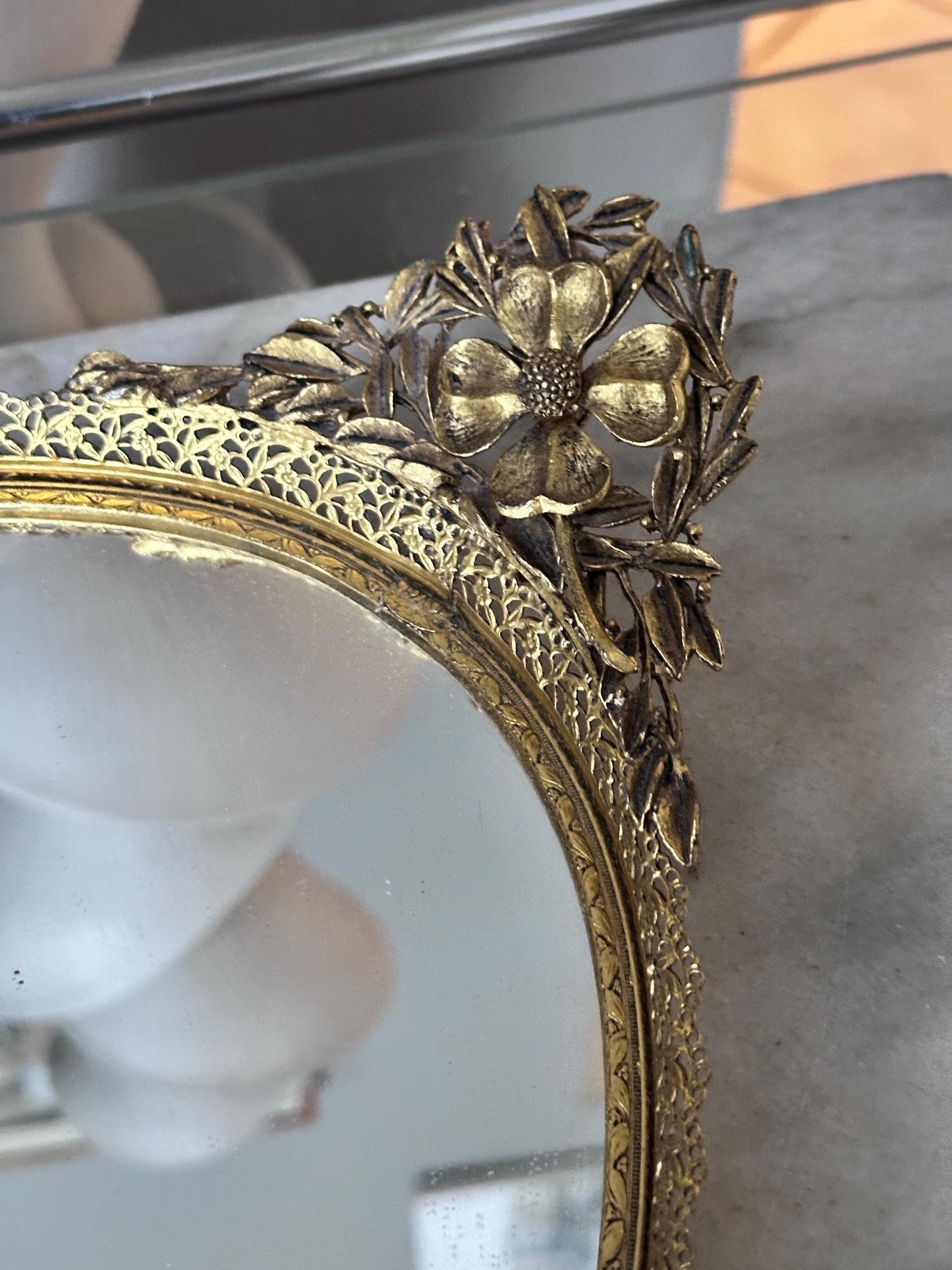 Vintage Hollywood Regency Oval Vanity Mirror | Gold Filigree Dogwood Flower Handles