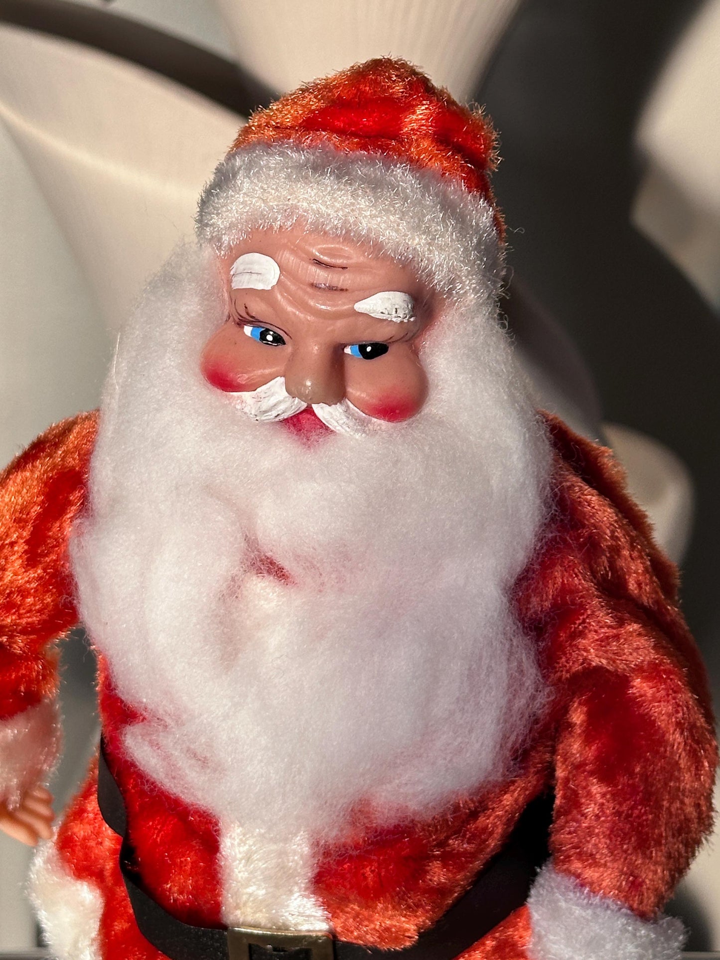Vintage 1960s Musical Santa Claus Figurine – Animated Rubber Face, Plays Jingle Bells, 13" Tall