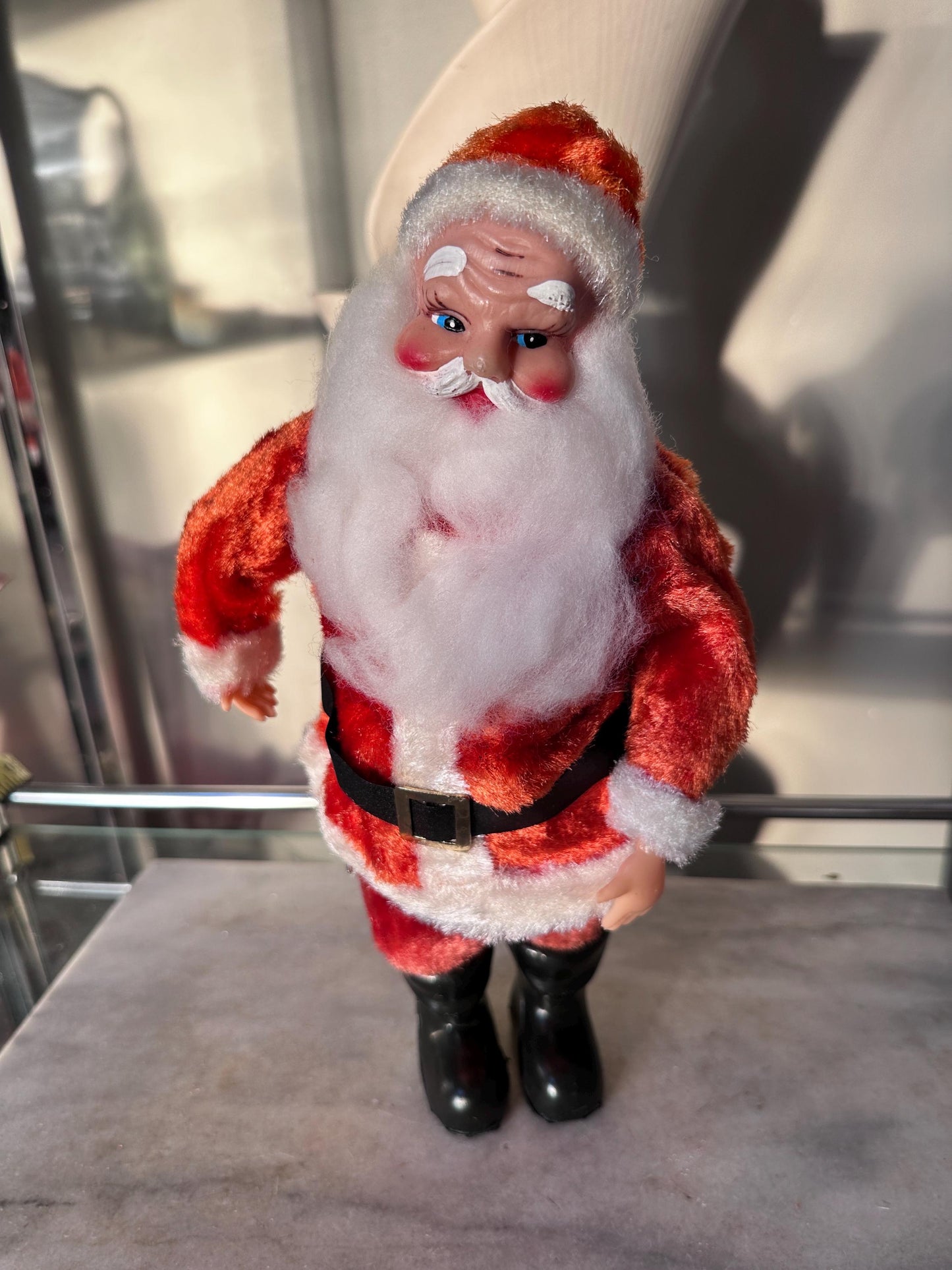 Vintage 1960s Musical Santa Claus Figurine – Animated Rubber Face, Plays Jingle Bells, 13" Tall