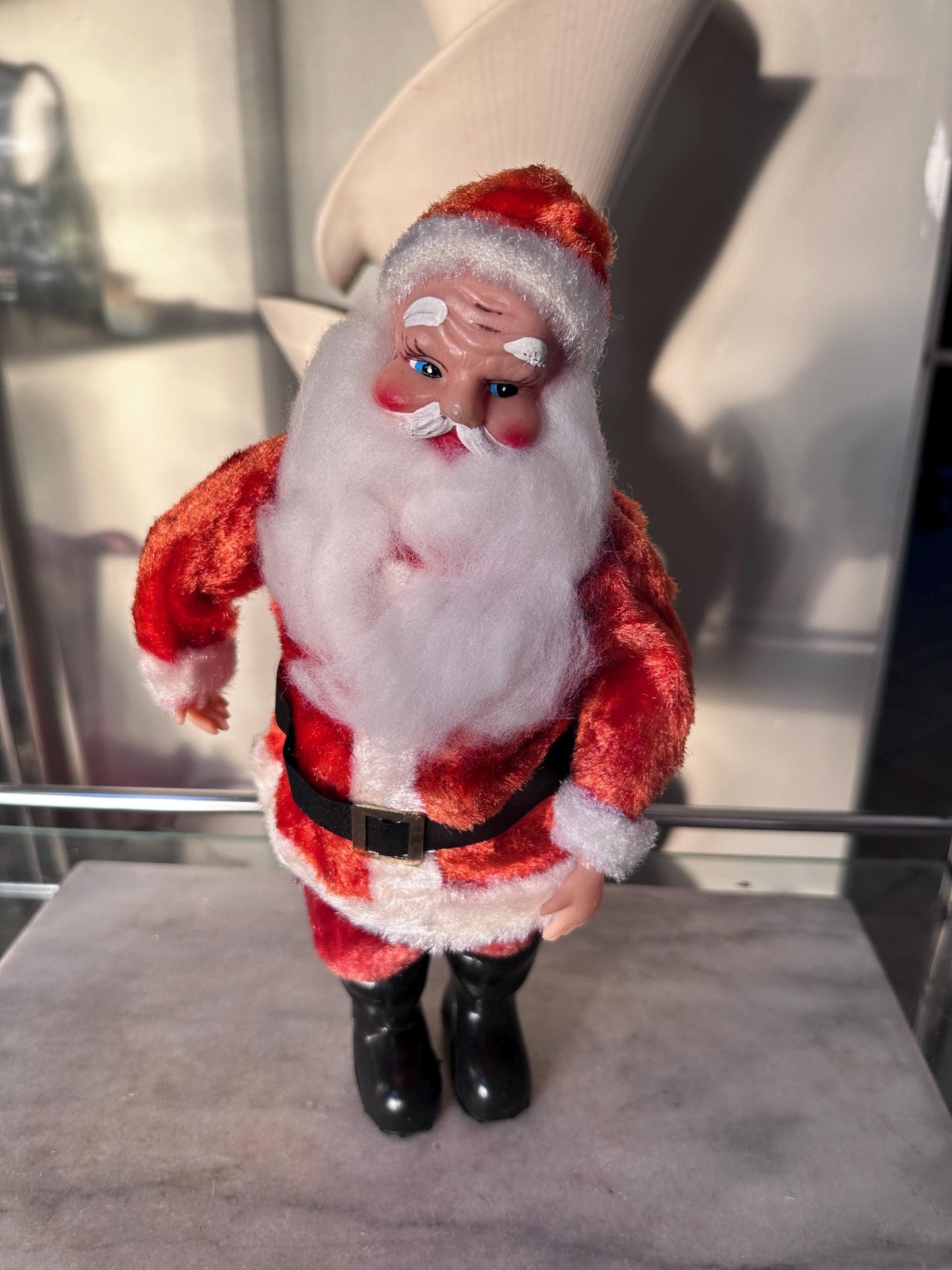 Vintage 1960s Musical Santa Claus Figurine – Animated Rubber Face, Plays Jingle Bells, 13" Tall