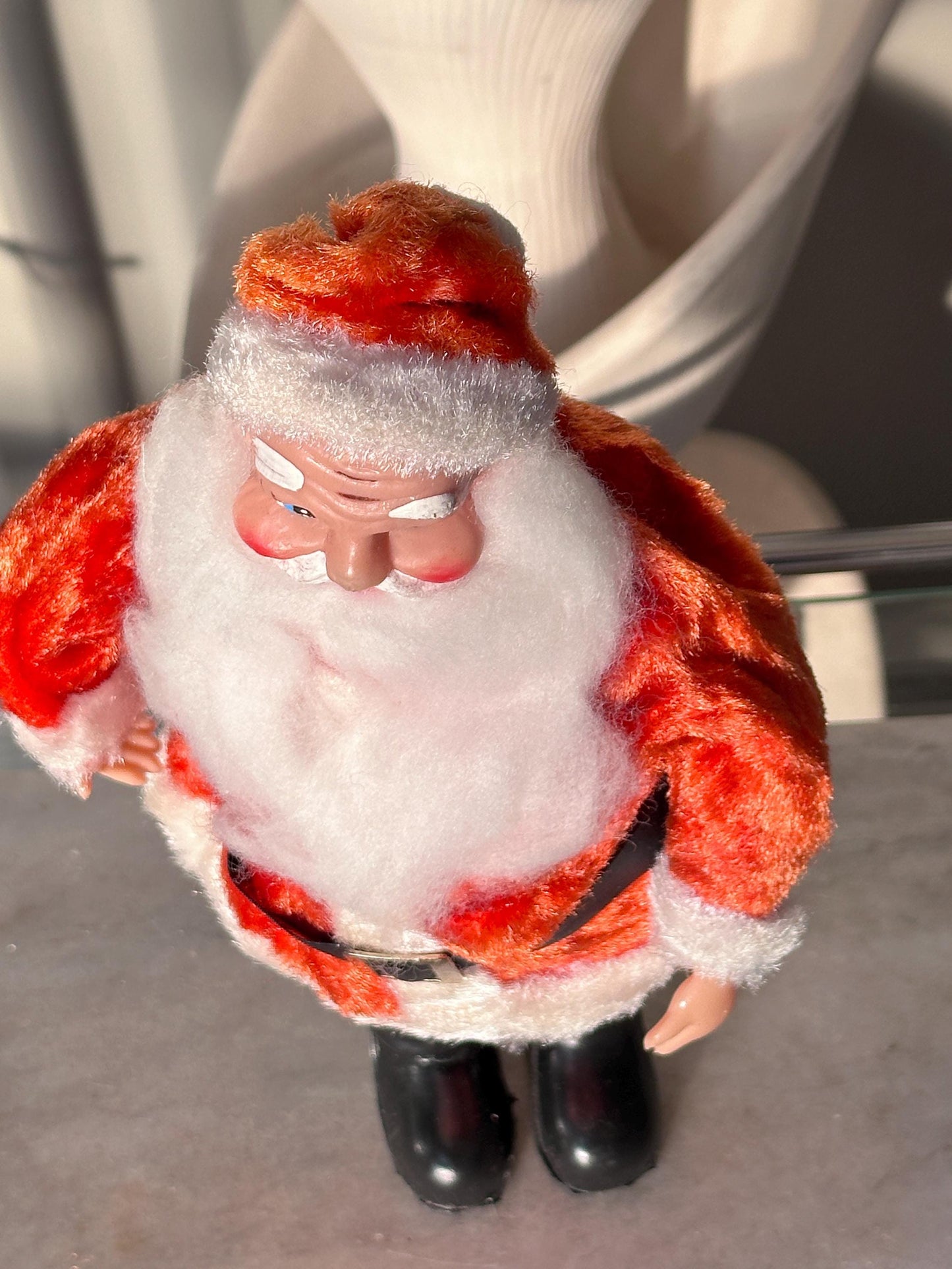 Vintage 1960s Musical Santa Claus Figurine – Animated Rubber Face, Plays Jingle Bells, 13" Tall